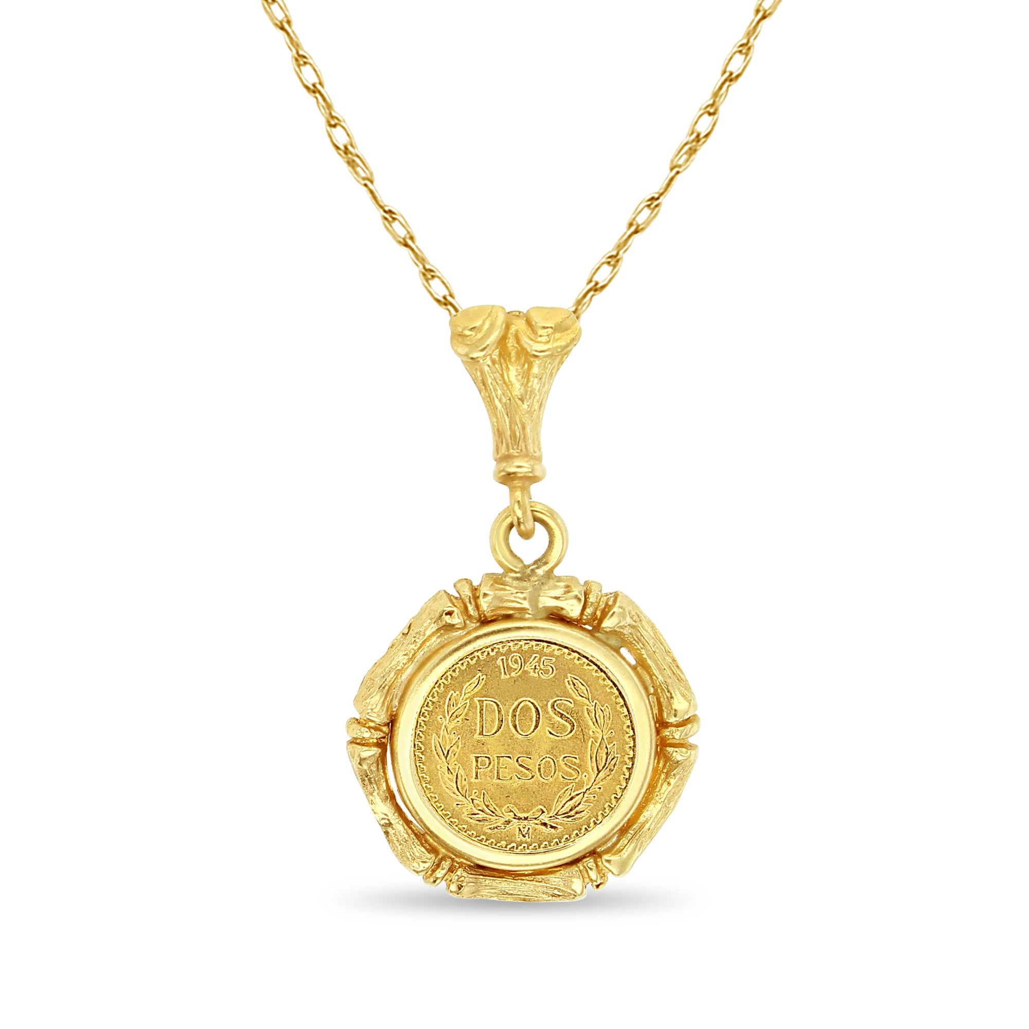1945 Bamboo Dos Pesos Coin Necklace - 14K Yellow Gold Pendant for Women | Vintage Mexican Jewelry Gift for Her, Birthday, Anniversary & Special Occasions