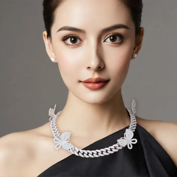 Women's Cubic Zirconia Silver Butterfly Cuban Chain Necklace & Bracelet Set - Elegant Jewelry for Parties, Weddings & Special Occasions
