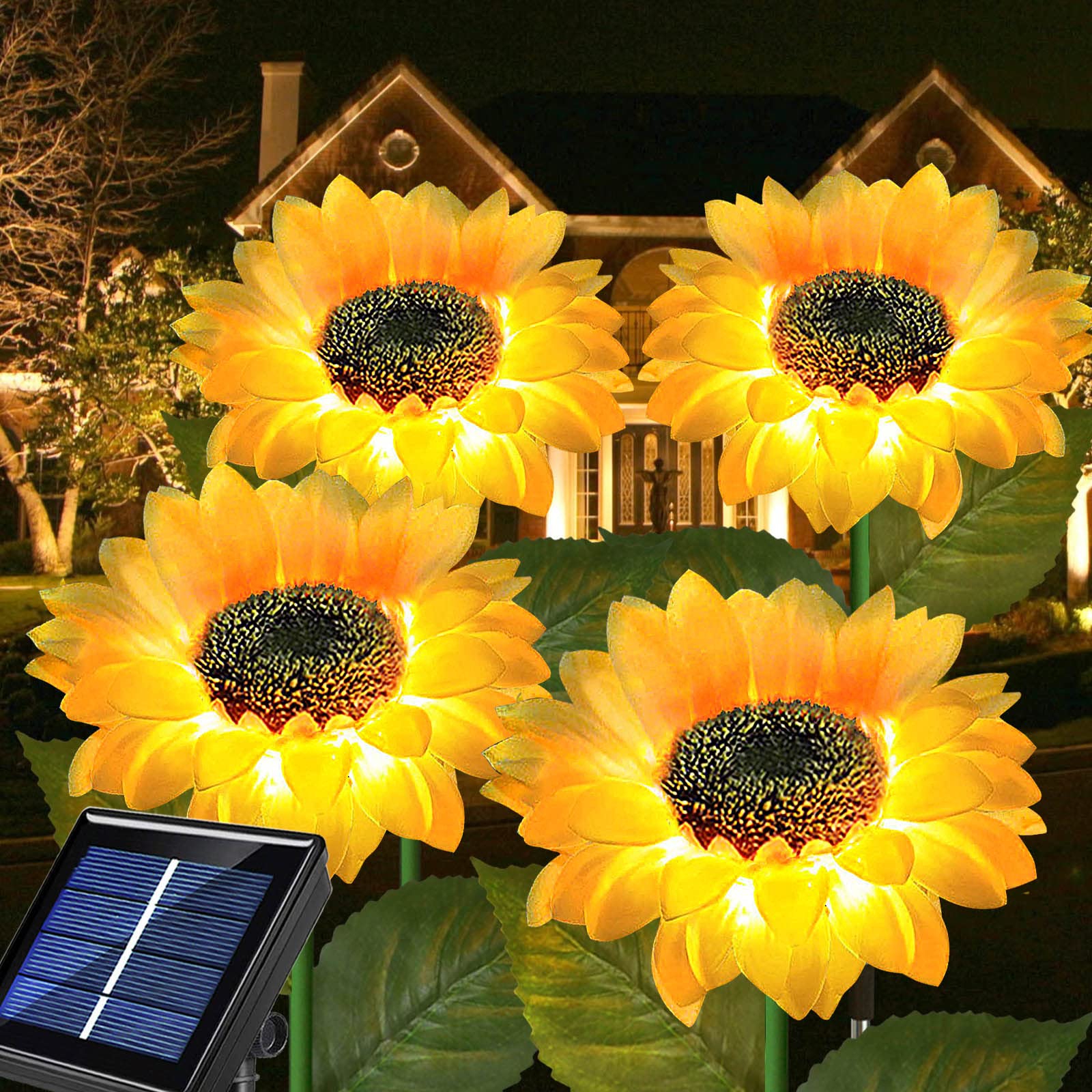 Upgraded 4-Flower Solar Sunflower Lights - Waterproof Outdoor Solar Garden Lights for Patio, Yard, Flowerbed & Cemetery Decor - Perfect for Christmas, Summer & Memorial Day Decorations