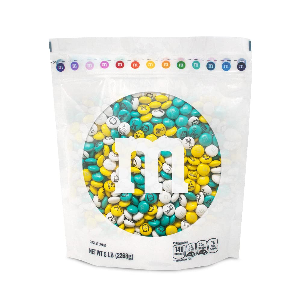 **M&M'S 1st Birthday Milk Chocolate Candy – 5lbs Baby-Themed M&M'S in Aqua, Yellow & White – Perfect for Dessert Tables, Candy Bars & DIY Party Favors – Great for Birthday Celebrations, Baby Showers & Special Events**