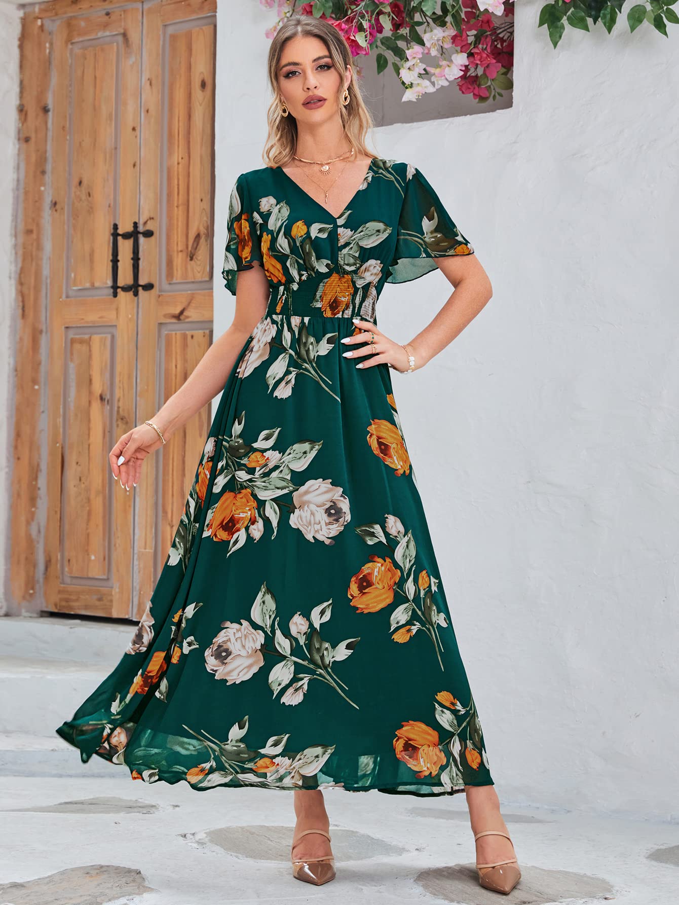 Boho Floral Maxi Dress for Women - Flowy Casual V-Neck Short Sleeve Wedding Guest Dress | Perfect for Beach Vacations, Summer Holidays & Special Occasions