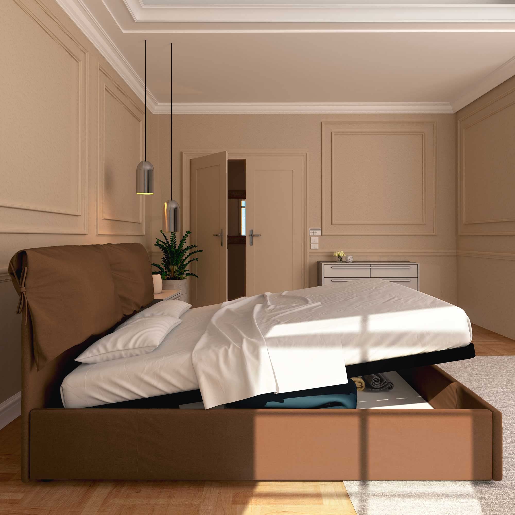 Baldiflex Licia Soft Single Bed Frame with Storage, Synthetic Leather Upholstery, Slatted Base for Single Mattress, 180 x 200 cm, Padded Headboard, Brown - Perfect for Small Bedrooms, Guest Rooms & Studio Apartments