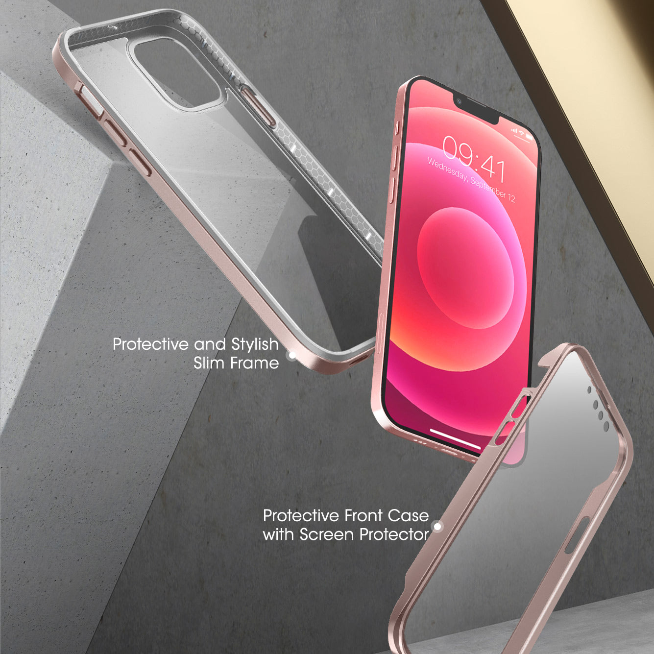 iPhone 13 Case 6.1 Inch with Built-in Screen Protector | Unicorn Beetle Edge Clear Protective Cover in Peach Pink | Shockproof Slim Design for Everyday Use & Outdoor Activities