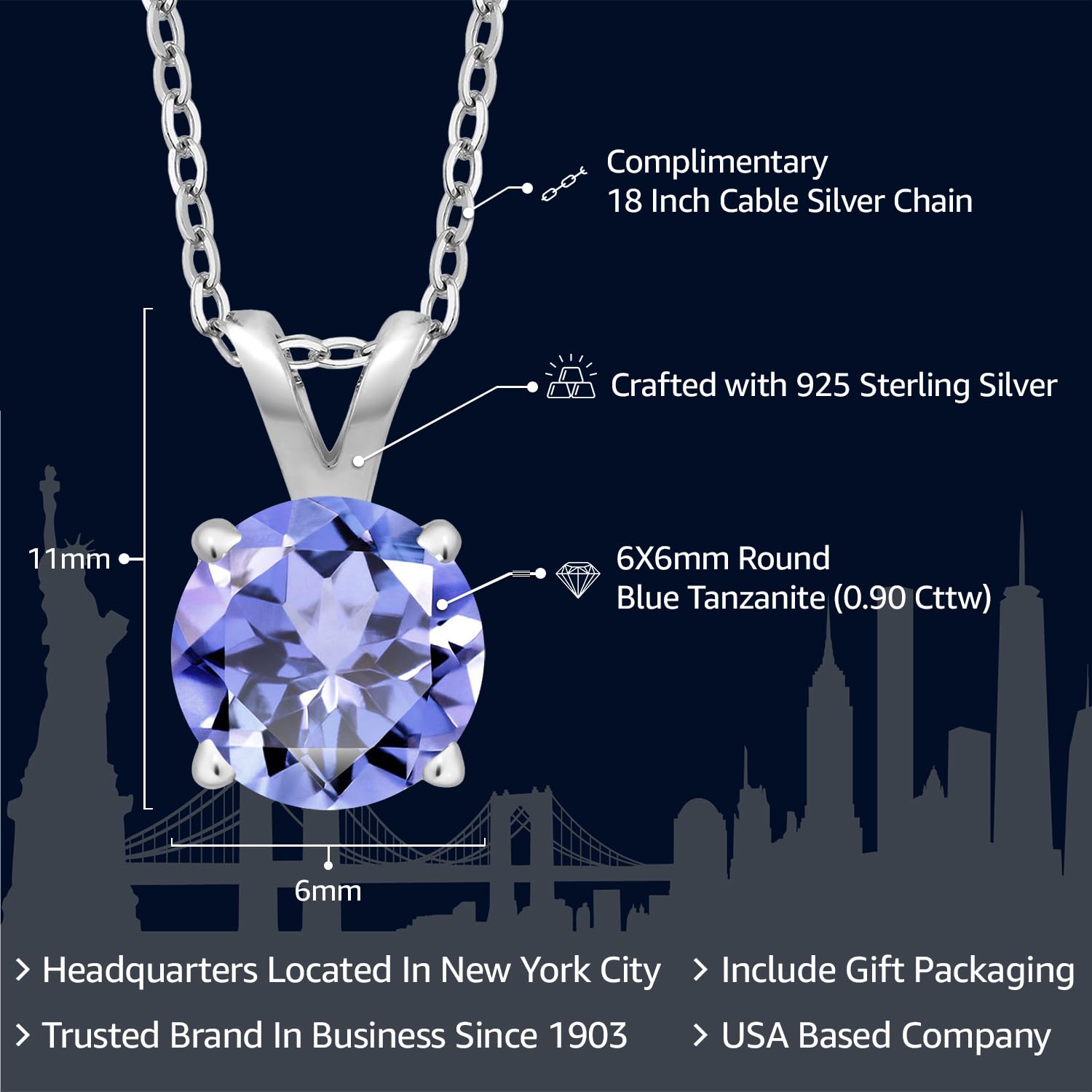 Gem Stone King 925 Sterling Silver 6MM Round Gemstone Birthstone Solitaire Pendant Necklace for Women | 4-Prong Setting with 18 Inch Silver Chain | Perfect Gift for Birthday, Anniversary & Mother's Day