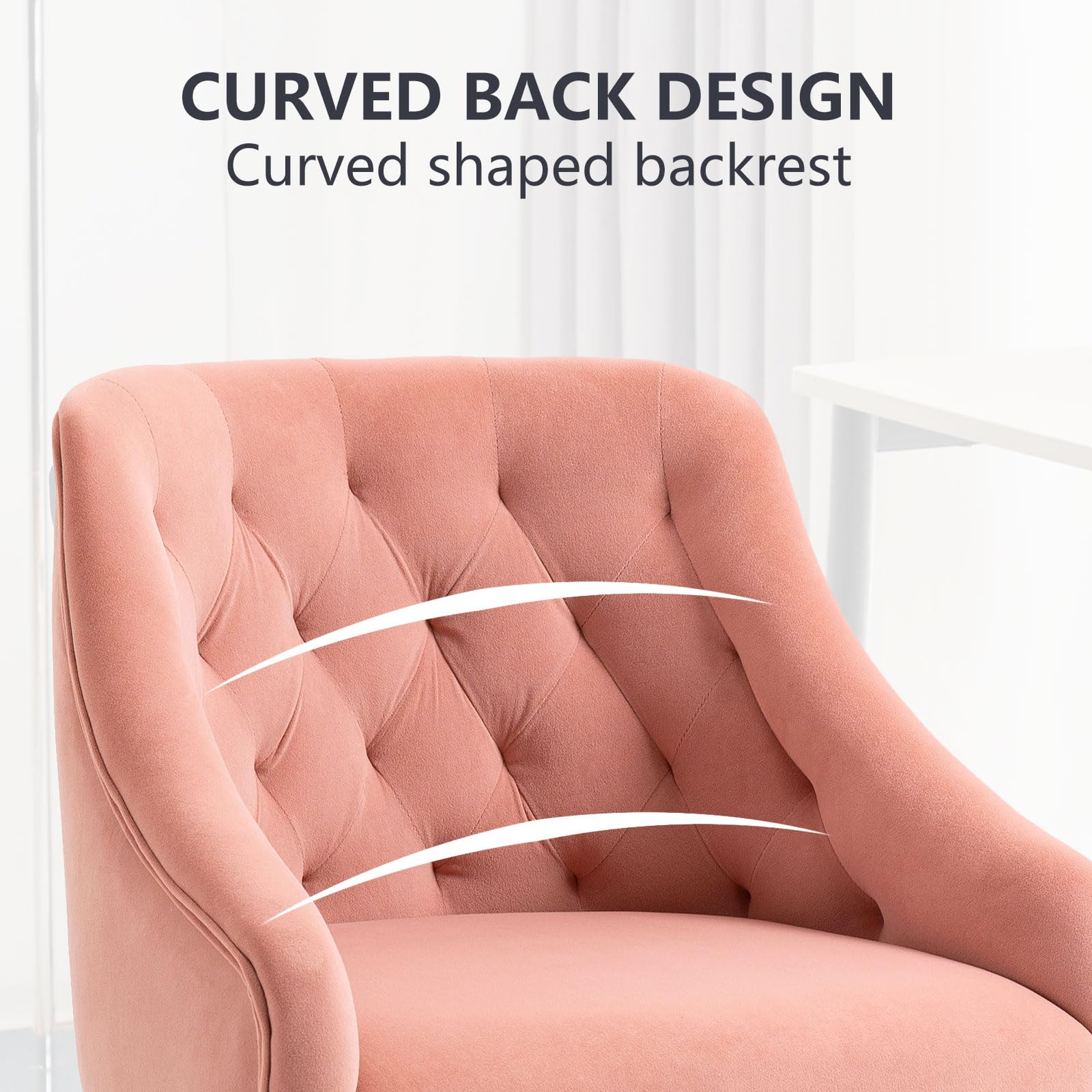 Luxury Velvet Swivel Office Chair with Gold Base - 360° Rotation & Height Adjustable - Pink Fabric Desk Chair for Women - Perfect for Home Office, Reception, and Vanity Areas