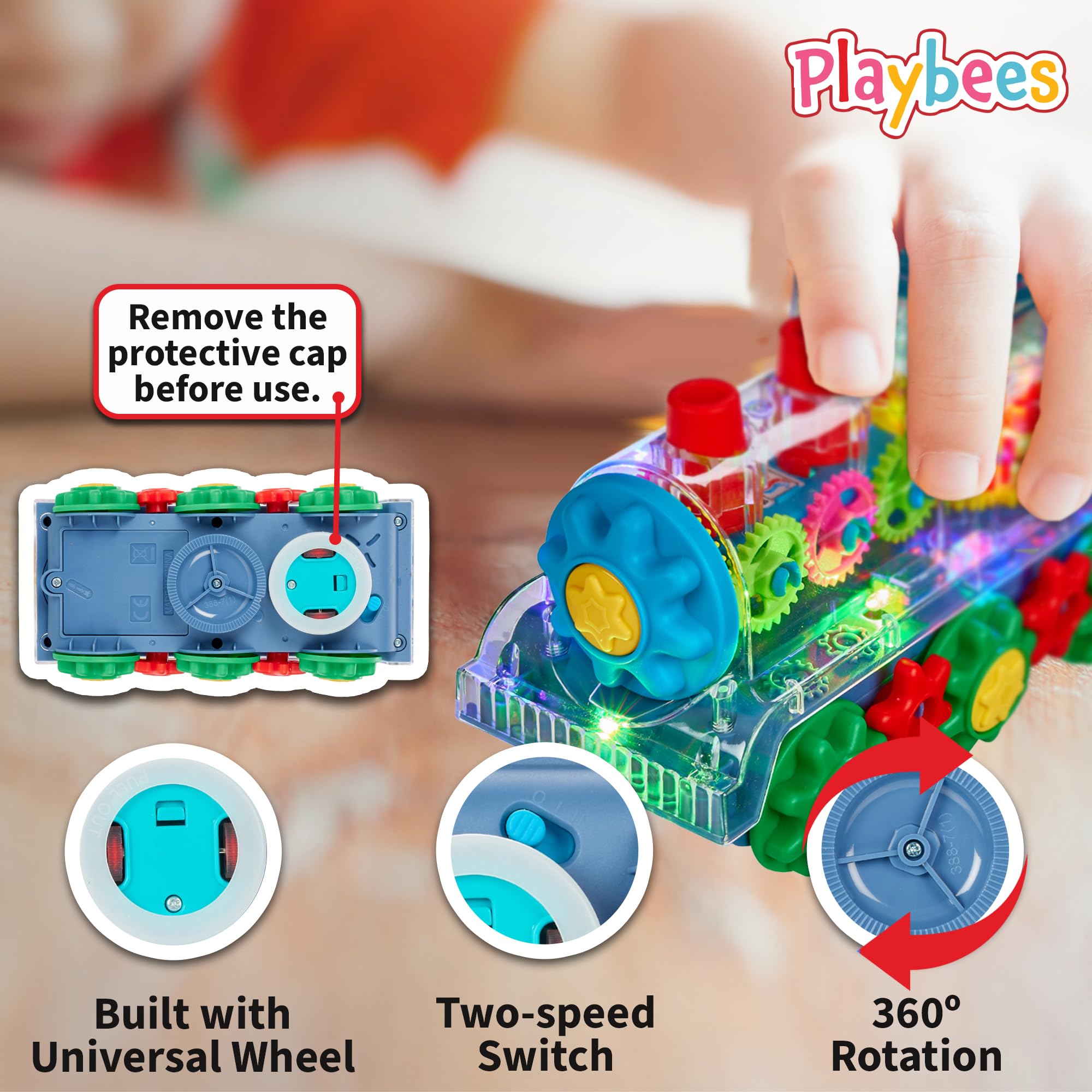 Light Up Train Toy - Transparent Gear Car with Flashing Lights & Music - Early Learning Educational Crawling Toy for Toddlers - Battery Operated Kids Gift for Boys & Girls Birthday - Perfect for Playtime, Developmental Learning & Sensory Stimulation