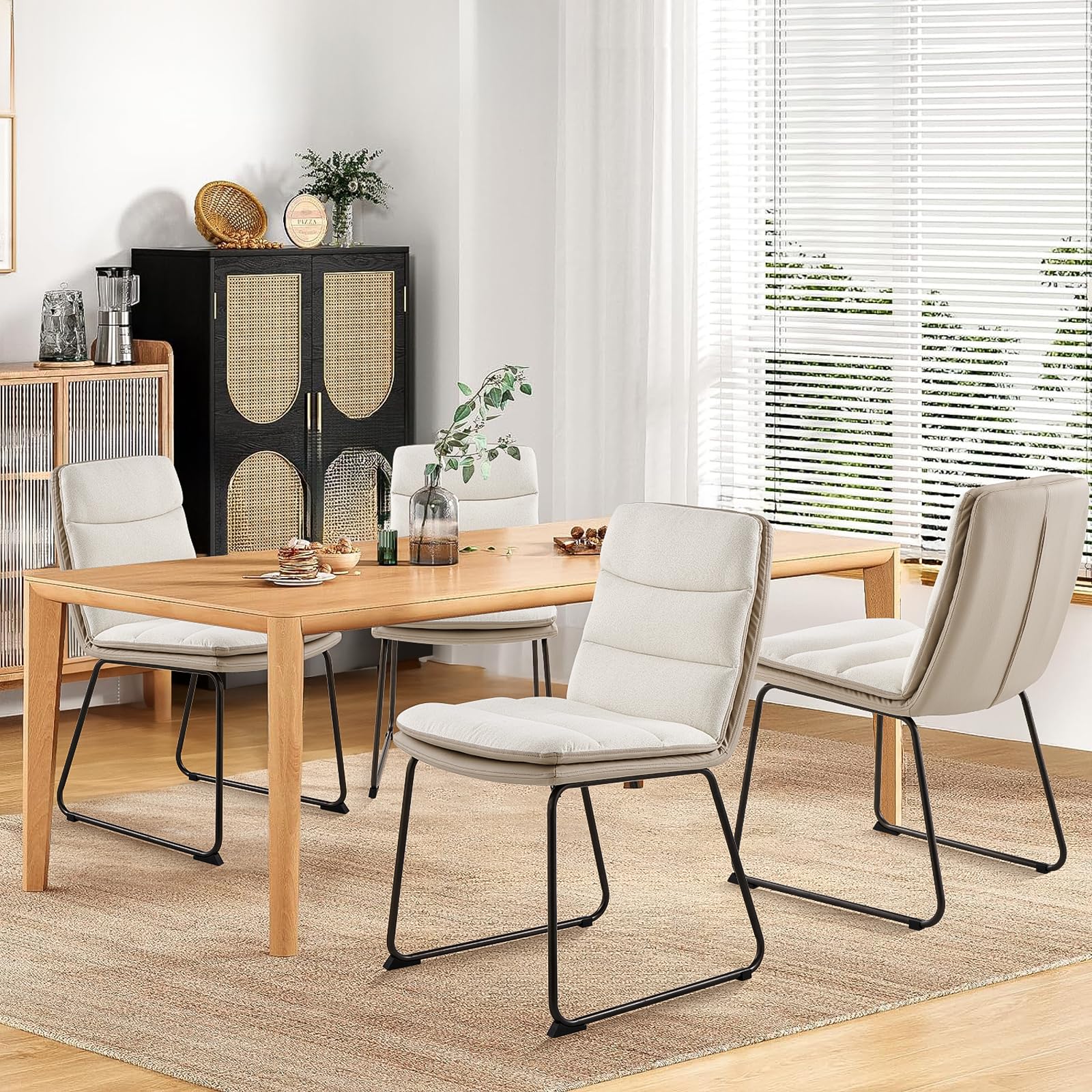 Modern Upholstered Dining Chairs Set of 2 - PU Leather & Fabric Kitchen Side Chairs with Sturdy Metal Legs, Cream - Perfect for Home Dining Room, Breakfast Nook & Small Space Decor