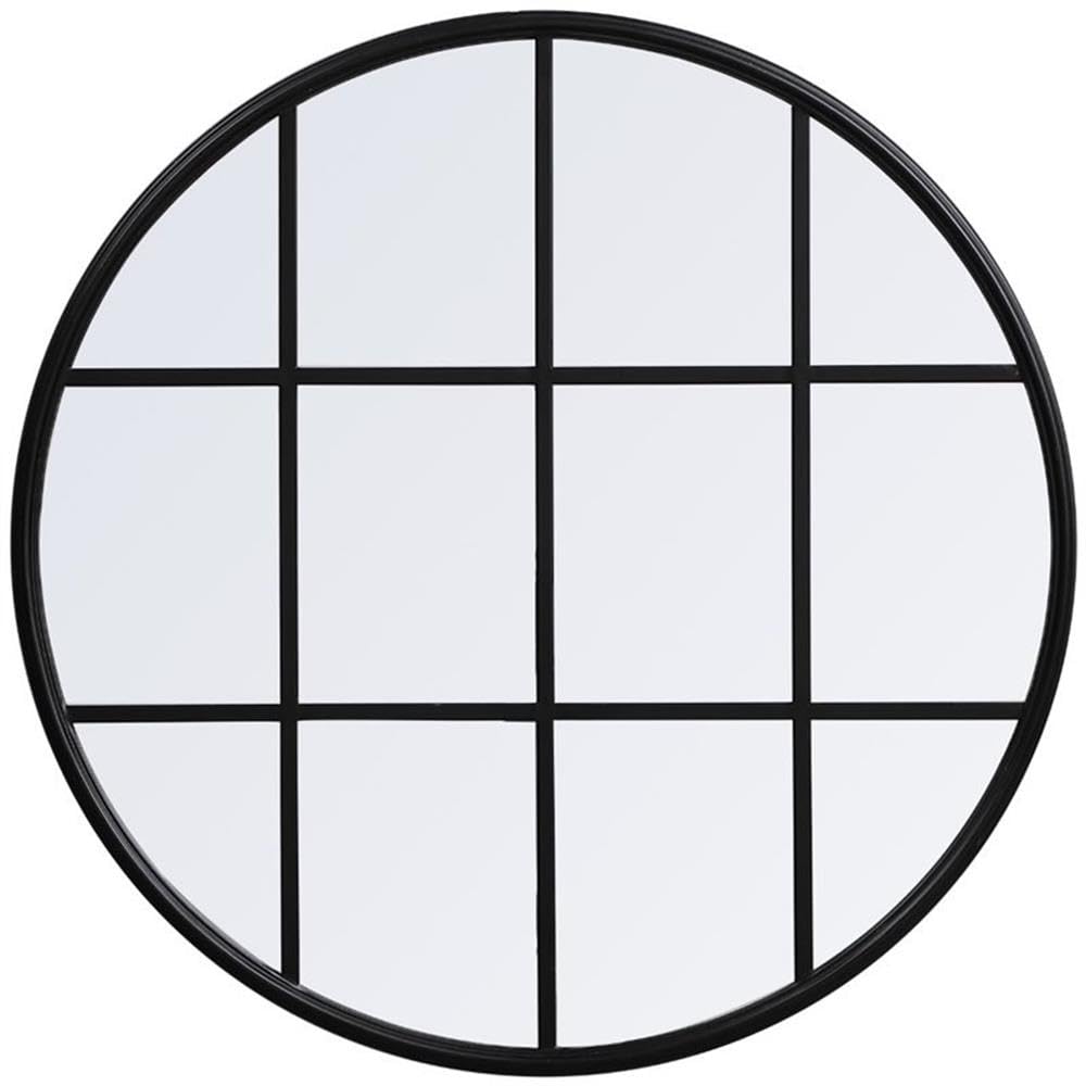 Allora 32 Inch Round Mid-Century Modern Black Metal Windowpane Frame Clear Wall Mirror - Perfect for Living Room, Bedroom, or Entryway Decor