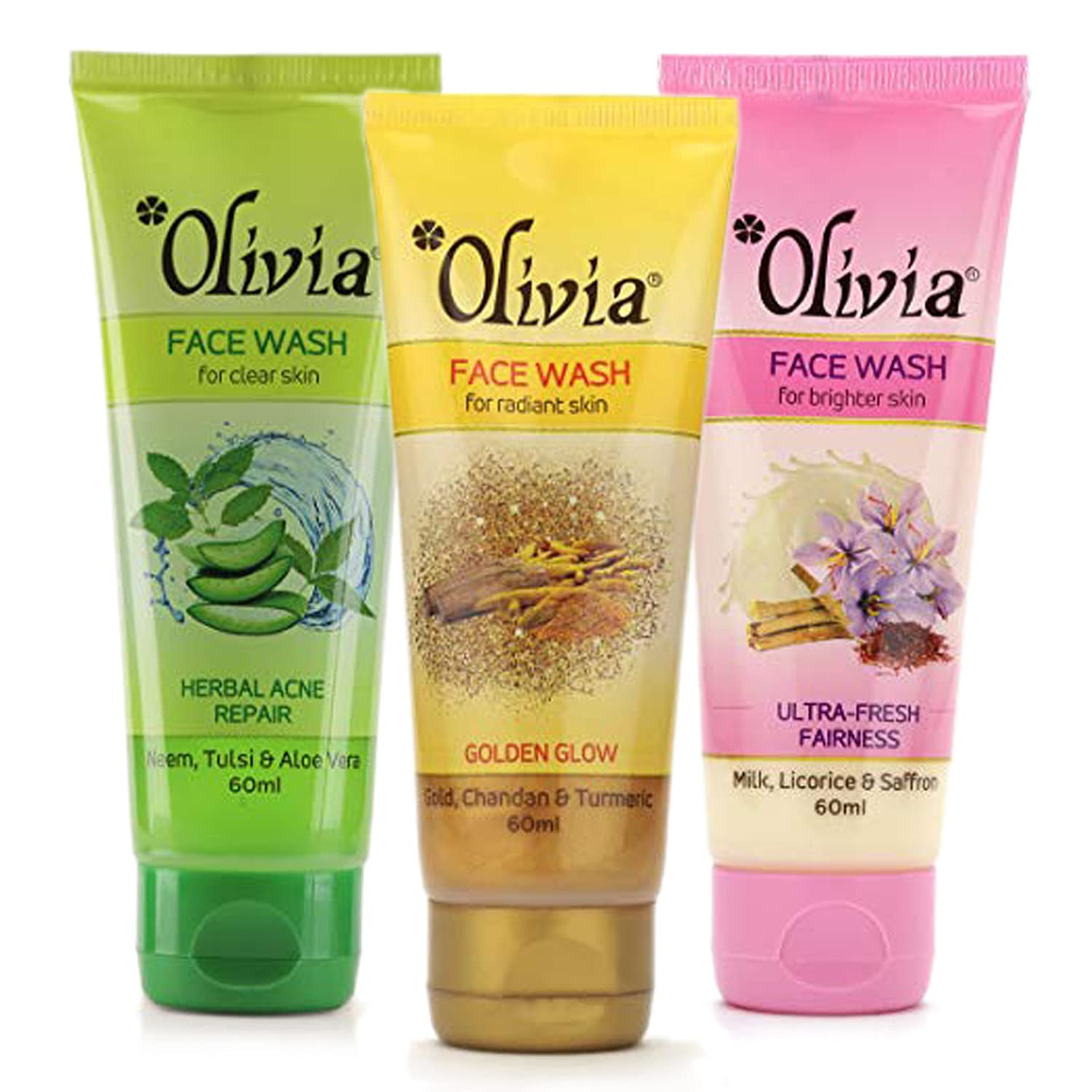 Olivia 3-Pack Face Wash Set (60ml Each) - Ultra-Fresh Fairness, Acne Repair & Gold Glow Face Wash for Radiant Skin | Daily Cleansing, Acne Treatment & Brightening Skincare Routine | Perfect for Morning & Night Use