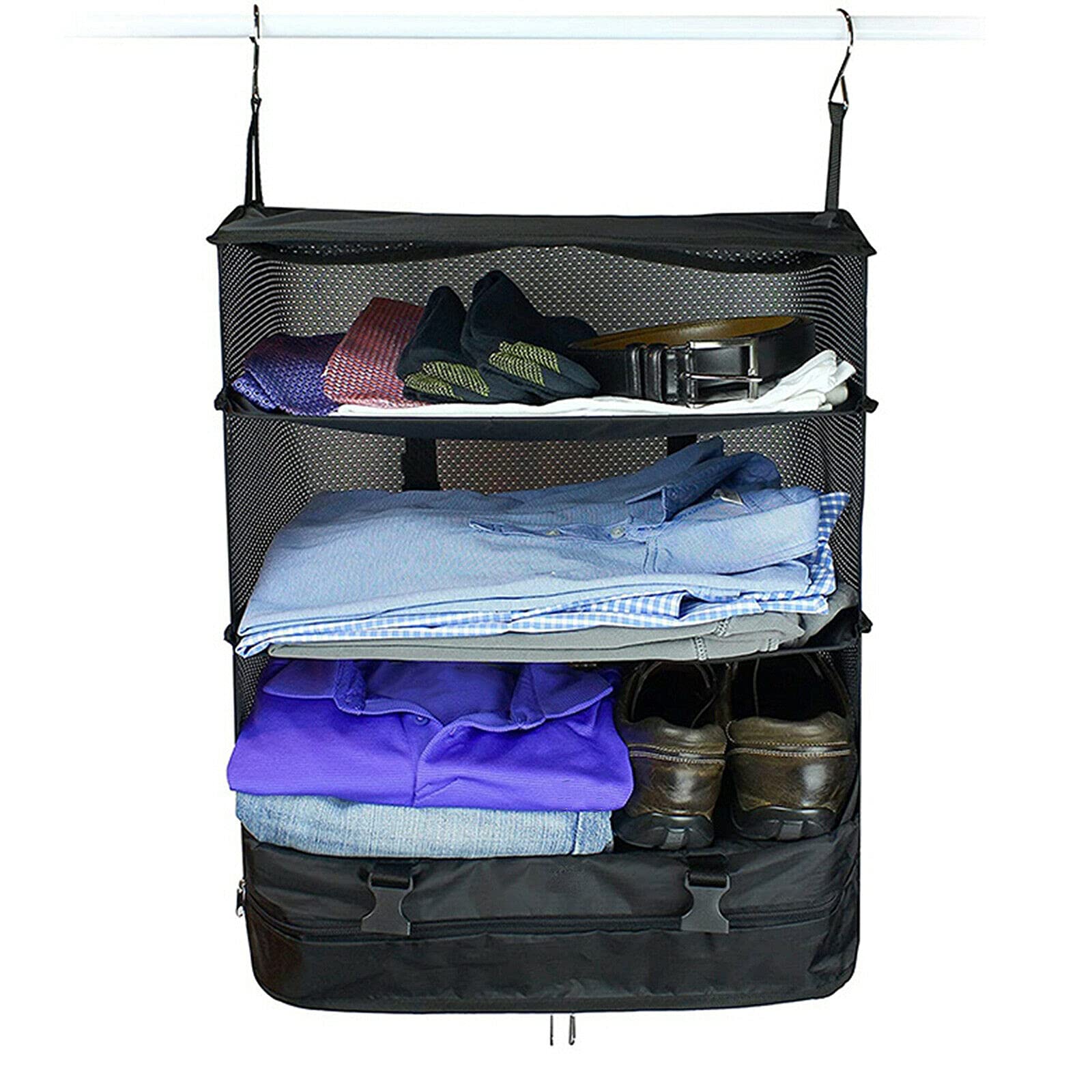 Portable Luggage Organizer with Built-in Hanging Shelves & Laundry Compartment - Space Saving Packing Cubes for Travel | Perfect for Business Trips, Vacations & Closet Storage