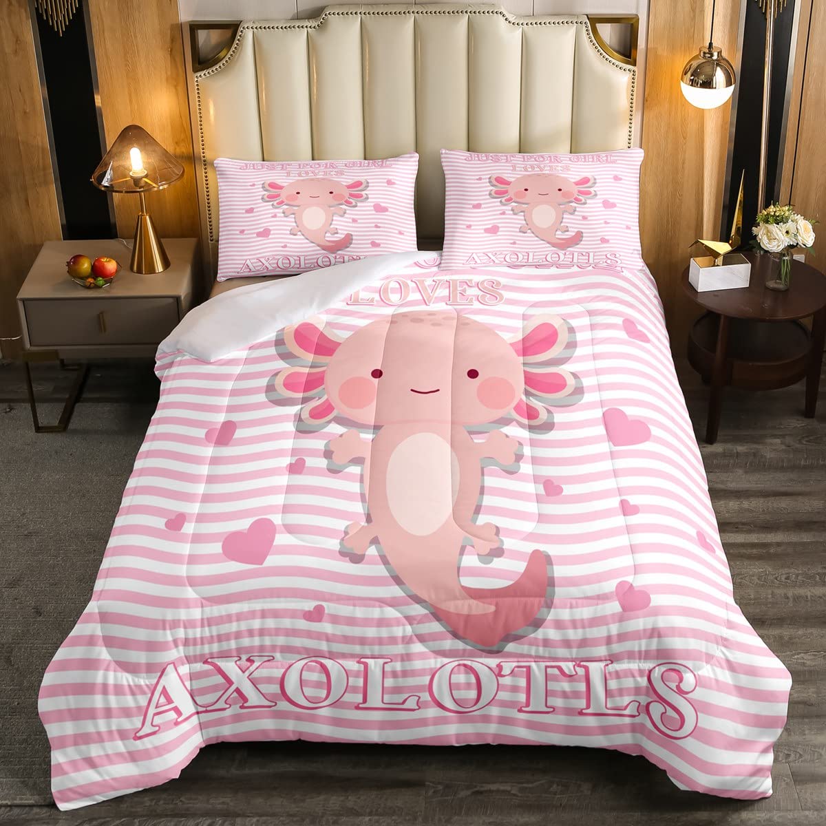 Cute Pink Axolotl Comforter Set - Queen Size Soft Down Bedding with Cartoon Axolotl Design, Geometric Stripes & Kawaii Animal Print - Perfect Gift for Girls, Women & Kids - Ideal for Bedroom Decor, Reptile Lovers & Kawaii Style Enthusiasts
