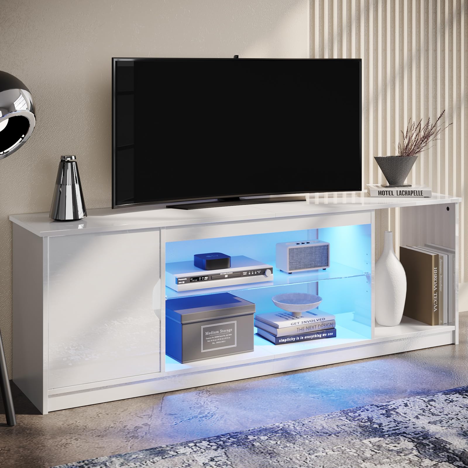 Bestier 57 Inch Gloss White TV Stand for 65 Inch TVs - Modern Entertainment Center with Glass Shelves, Adjustable Height, Compatible with PS5, Xbox & Gaming Consoles - Perfect for Living Room, Bedroom & Home Theater Setup
