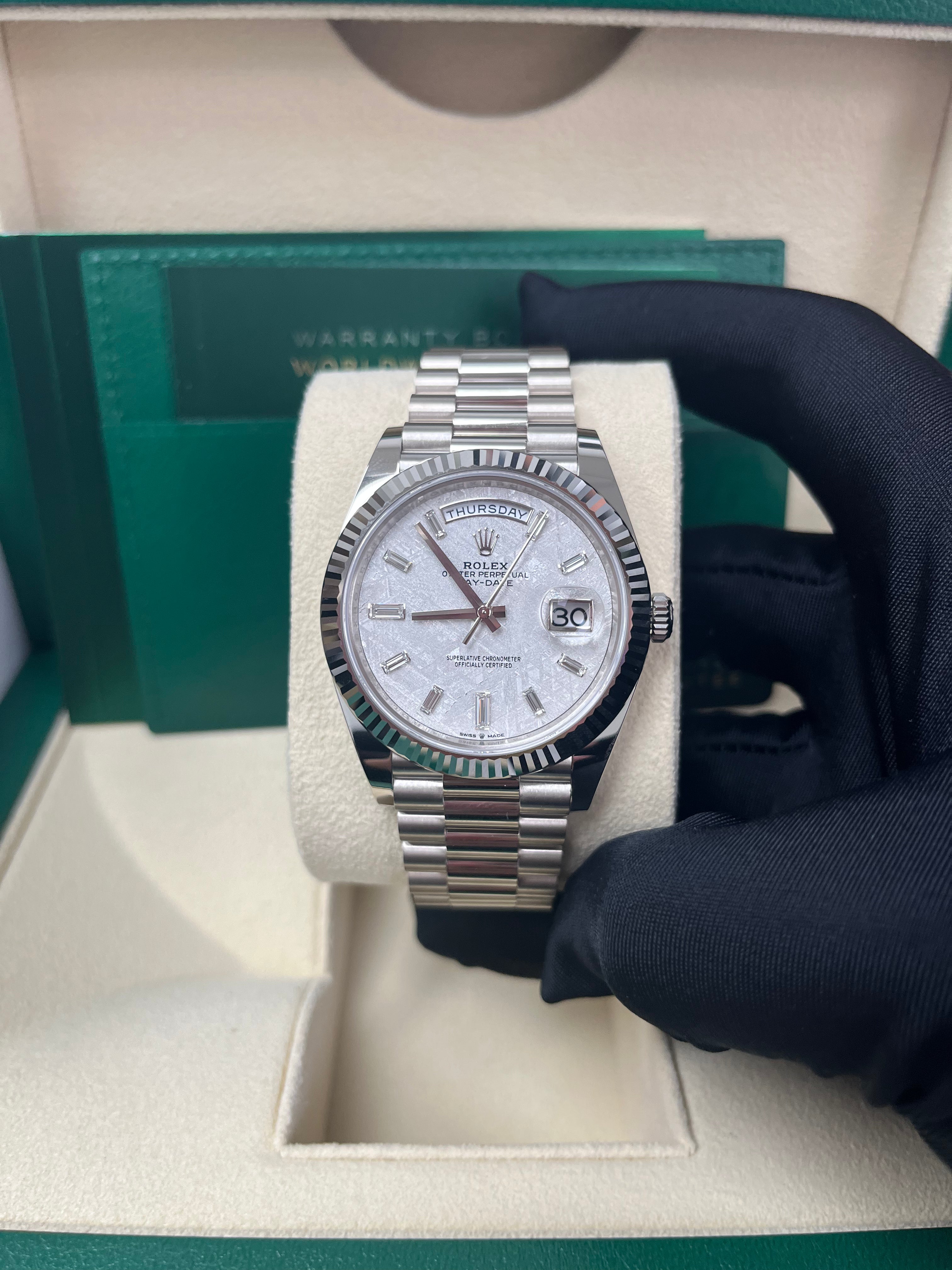 Rolex Day-Date 40mm Men's Watch - Meteorite Baguette Diamond Dial, White Gold Fluted Bezel, Ref. 228239 | Luxury Dress Watch for Business & Formal Occasions