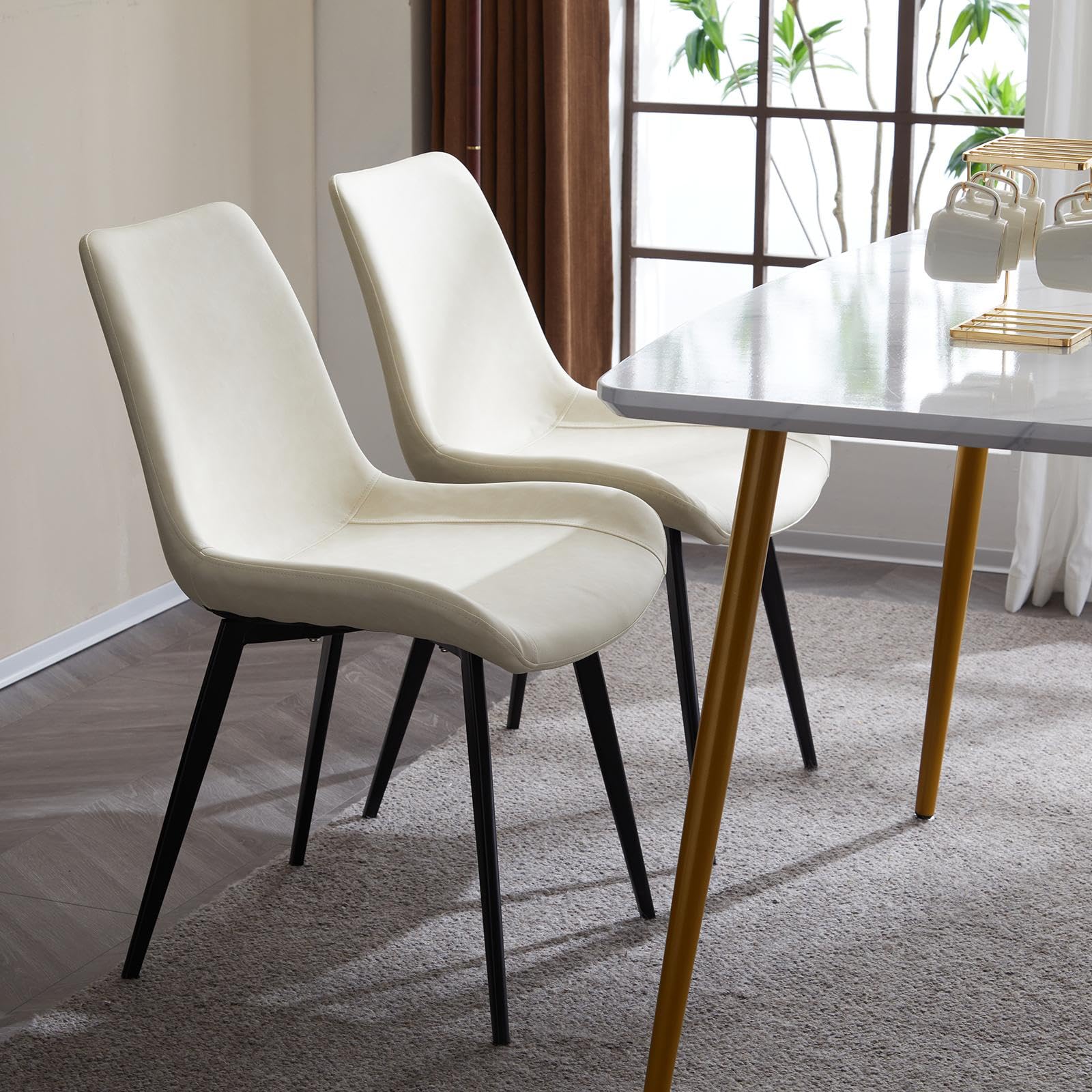 4-Piece Iron Pipe Curved Dining Chair Set - Disassembled PU Leather Chairs with Cushioned Seat & Backrest - Modern Industrial Style for Kitchen, Dining Room, Lounge & Living Room - Off-White - Perfect for Home Decor, Restaurant or Cafe Seating
