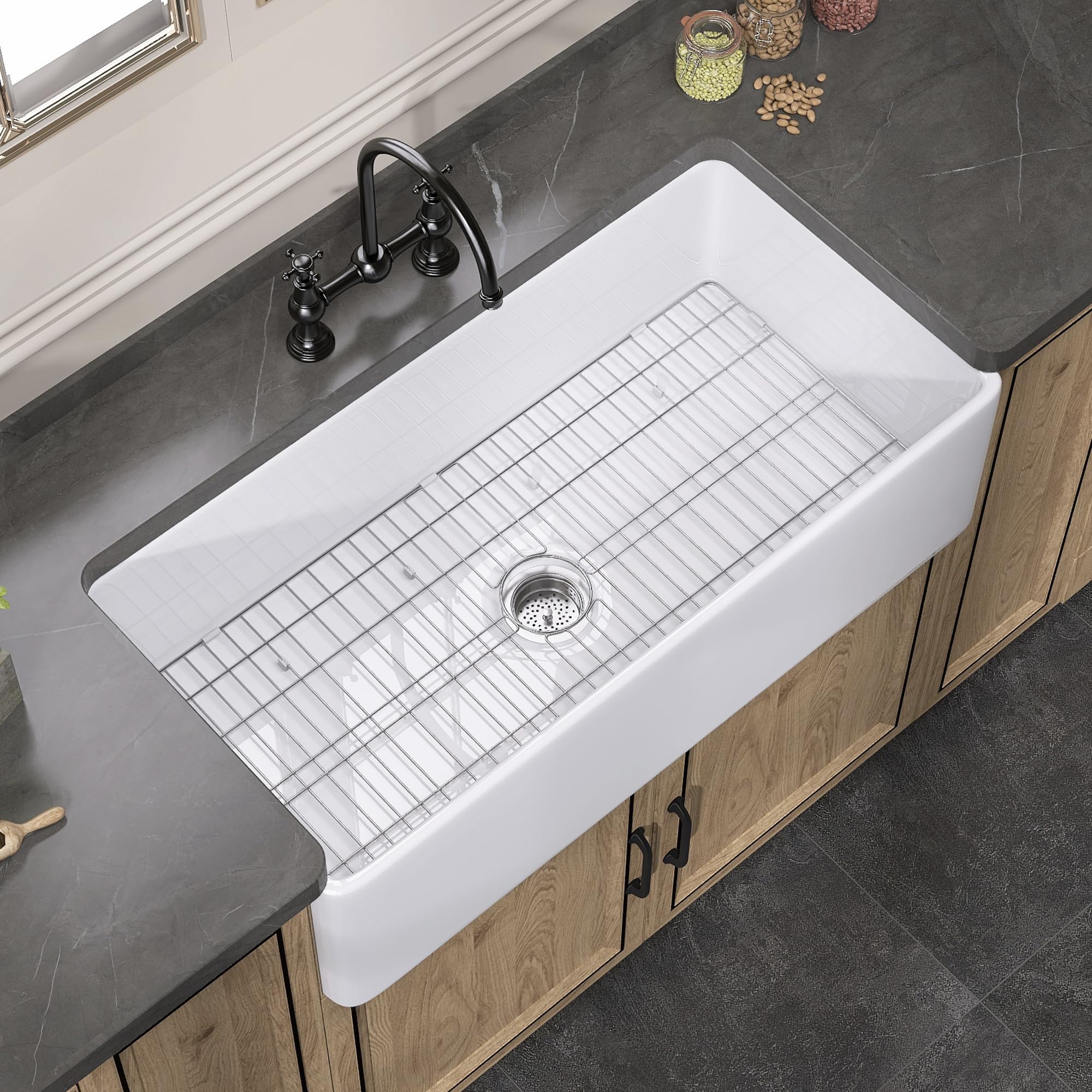 33 Inch White Farmhouse Apron Front Fireclay Kitchen Sink - Large Capacity Deep Single Bowl with Protective Bottom Grid & Strainer - Perfect for Rustic Kitchens, Farmhouse Renovations & Modern Farmhouse Style Homes