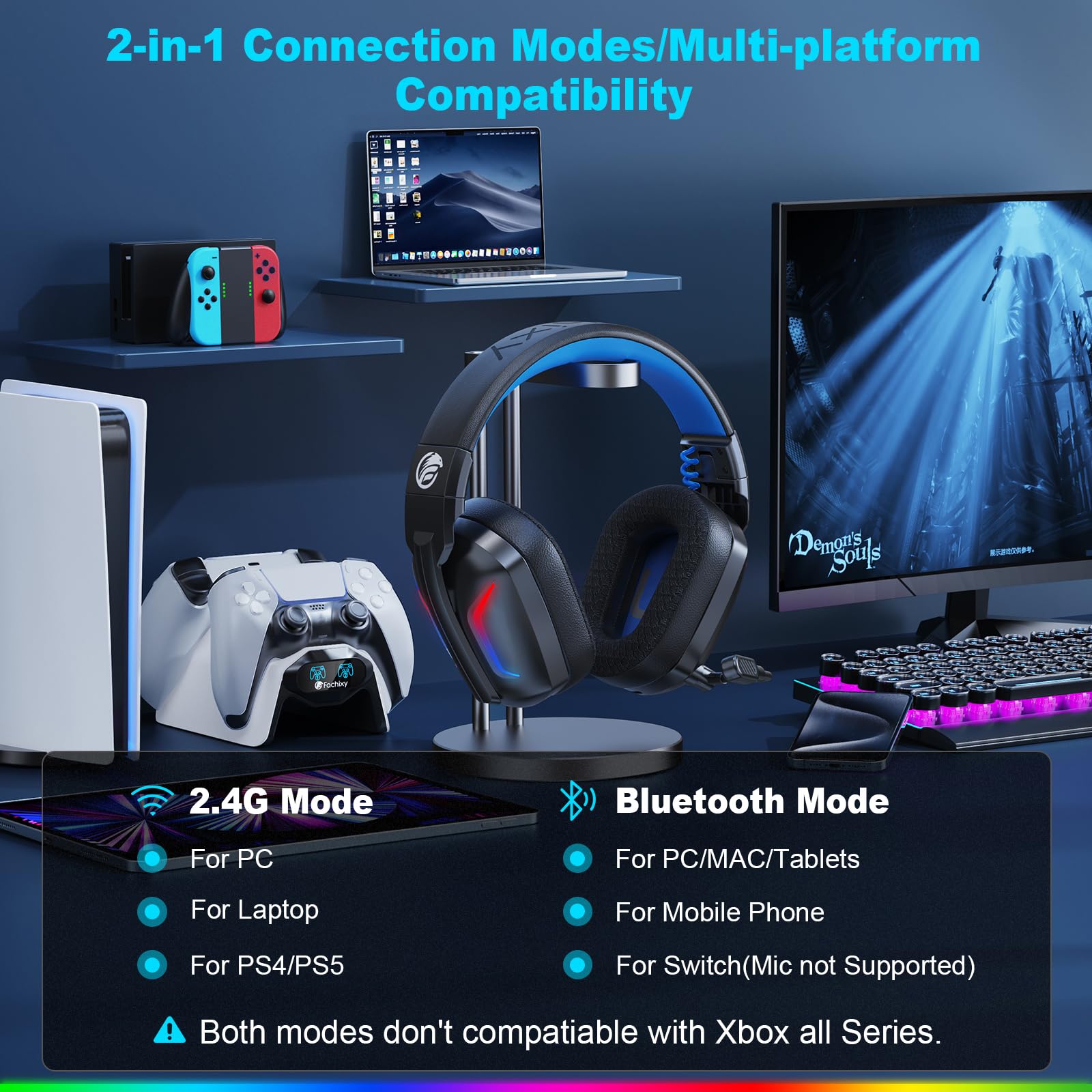 Wireless Gaming Headset with Microphone - Bluetooth Over-Ear Headphones for PC, PS5, PS4, Switch, Laptop, Mobile & Mac | 50Hr Fast Charge Battery, Cool LED Lights, 2.4GHz Low Latency | Perfect for Online Gaming, Streaming & Work from Home