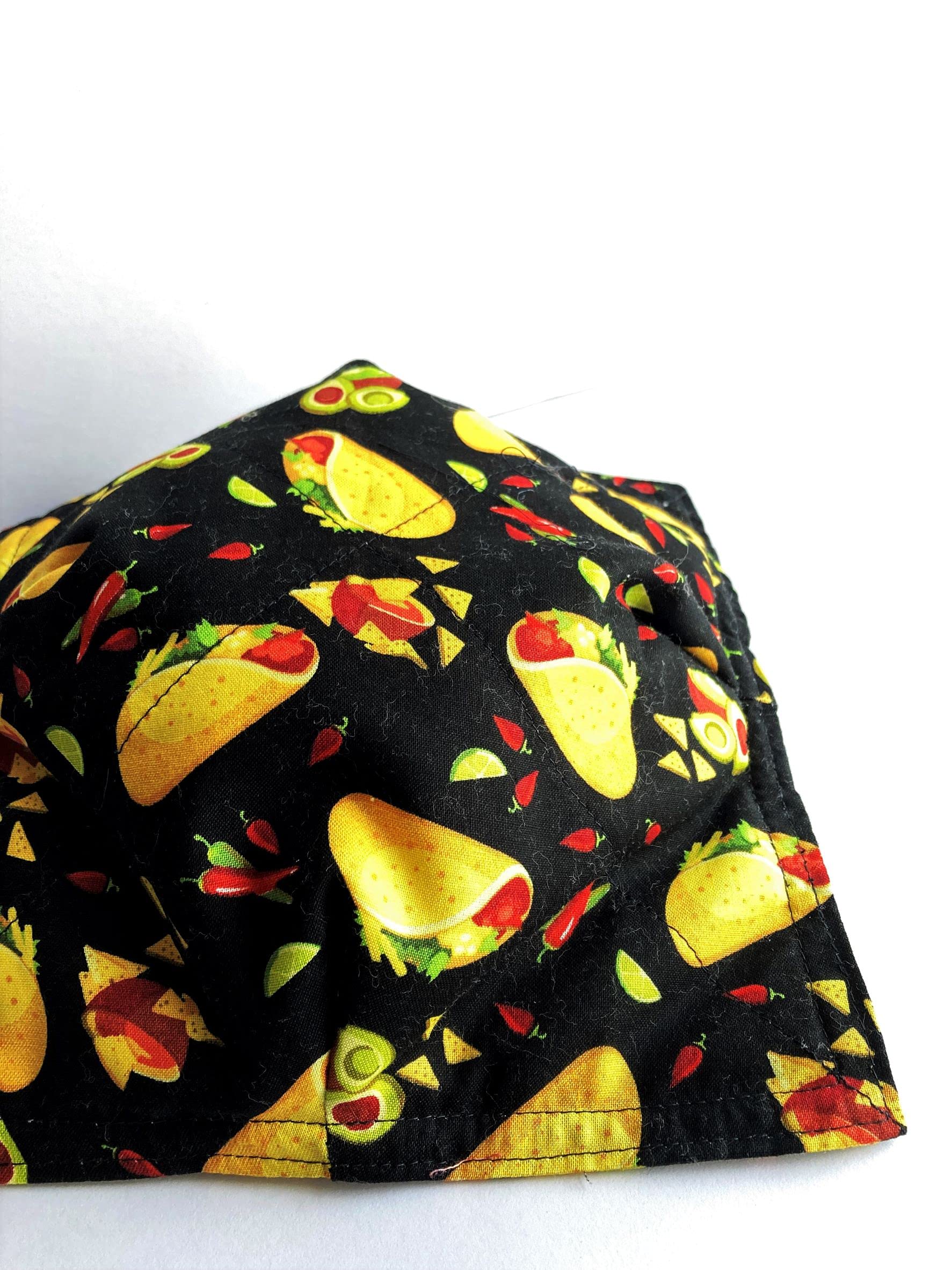 Set of 2 Cotton Bowl Cozies - Microwave & Oven Safe Hot Pads for 8 Inch Bowls - Black with Yellow & Red Taco Print - Perfect for Serving Hot Soups, Stews & Mexican Dishes