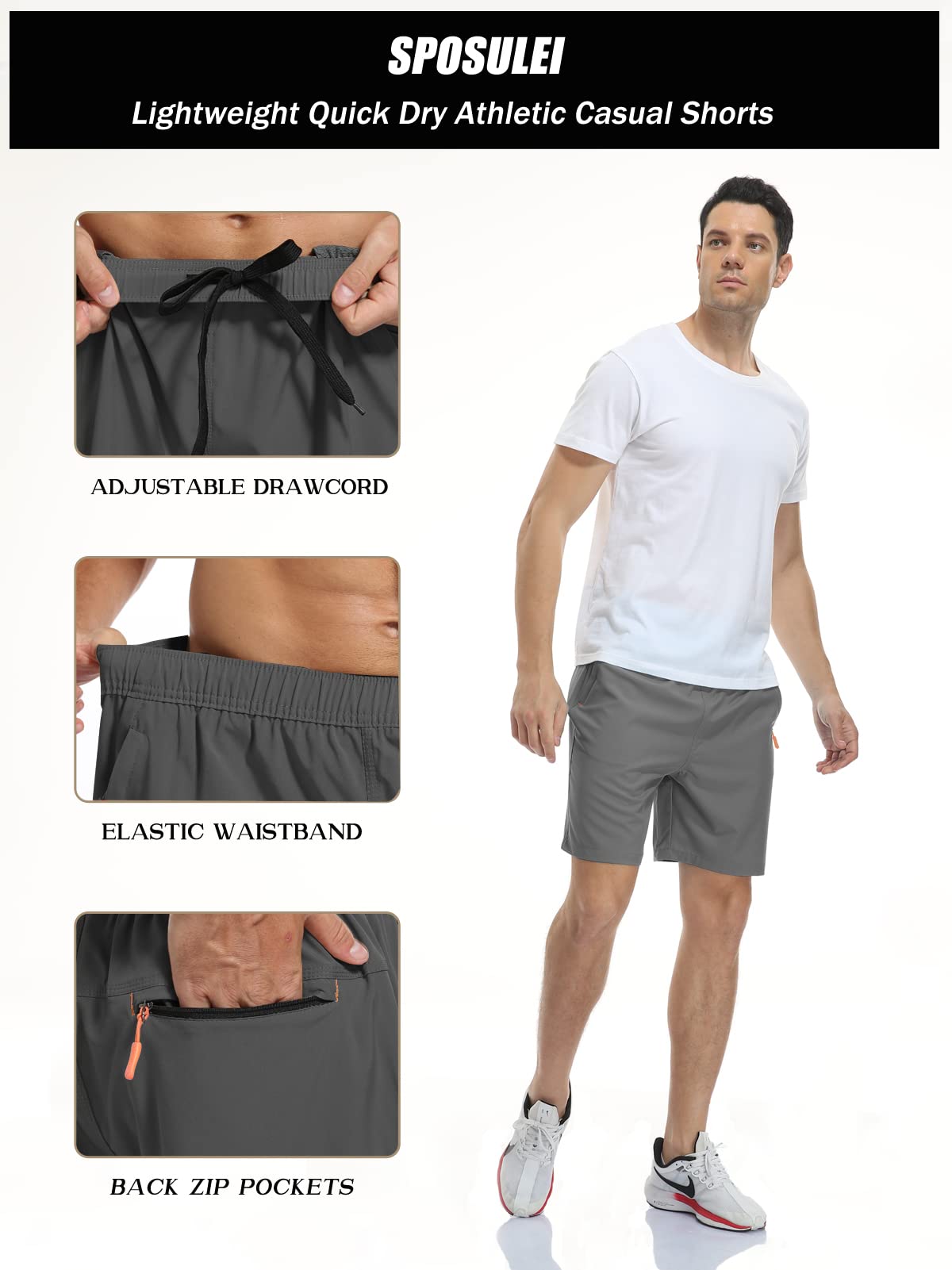 SPOSULEI Men's Quick-Dry Water Resistant Hiking Shorts with Zipper Pockets - Lightweight Athletic Outdoor Shorts for Running, Camping & Travel
