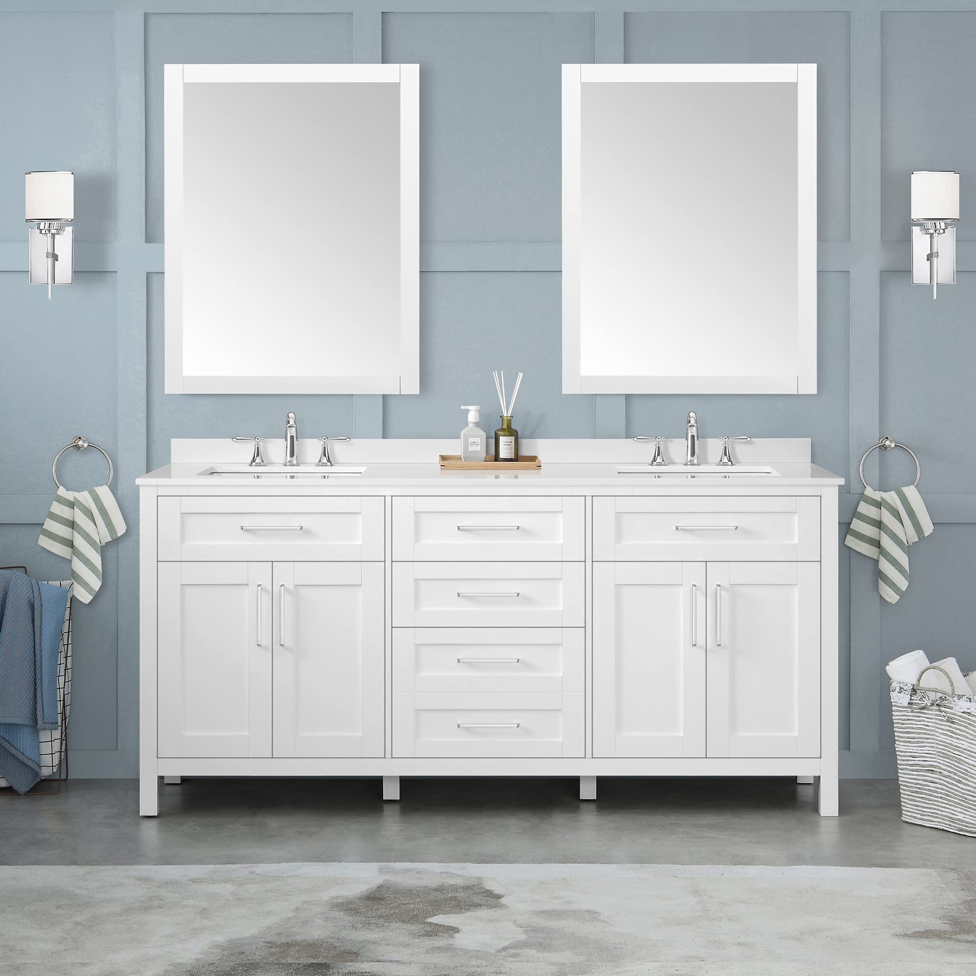 OVE Decors Maya 72 Inch White Bathroom Vanity with Carrara Marble Countertop - Modern Double Sink Vanity for Master Bathroom & Powder Room