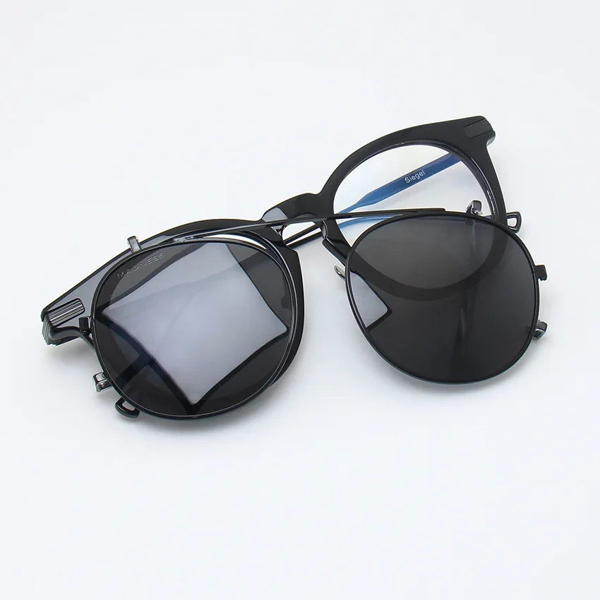 Stylish Unisex Black Acetate Round Full Rim Eyeglasses with Clip-On Polarized Sunglasses - Perfect for Outdoor Activities, Driving, and Fashion Accessories