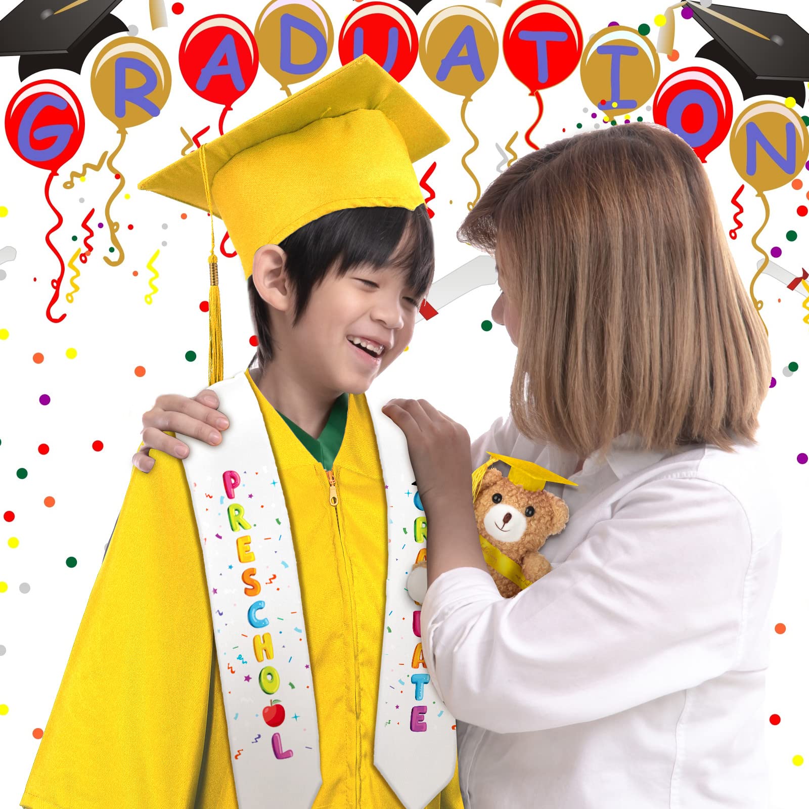 24-Piece Preschool Graduation Cap & Gown Set with Stole and Plush Bear - Bulk Kids Graduation Costumes for Kindergarten Ceremony, Photo Shoot & Party Celebration