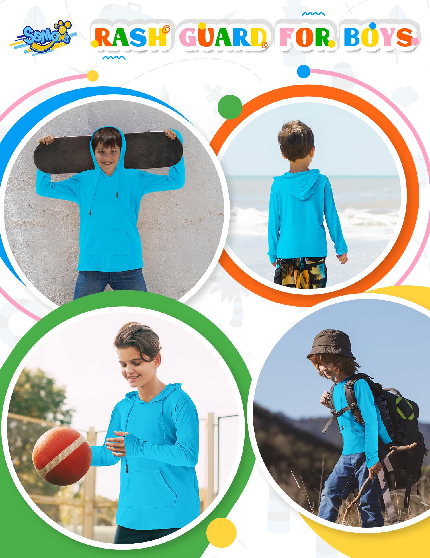 UPF 50+ Boys Rash Guard Swim Shirt - Long Sleeve Sun Protection Hoodie for Kids Fishing, Beach & Watersports with Pocket - Ideal for Swimming, Surfing and Outdoor Summer Activities