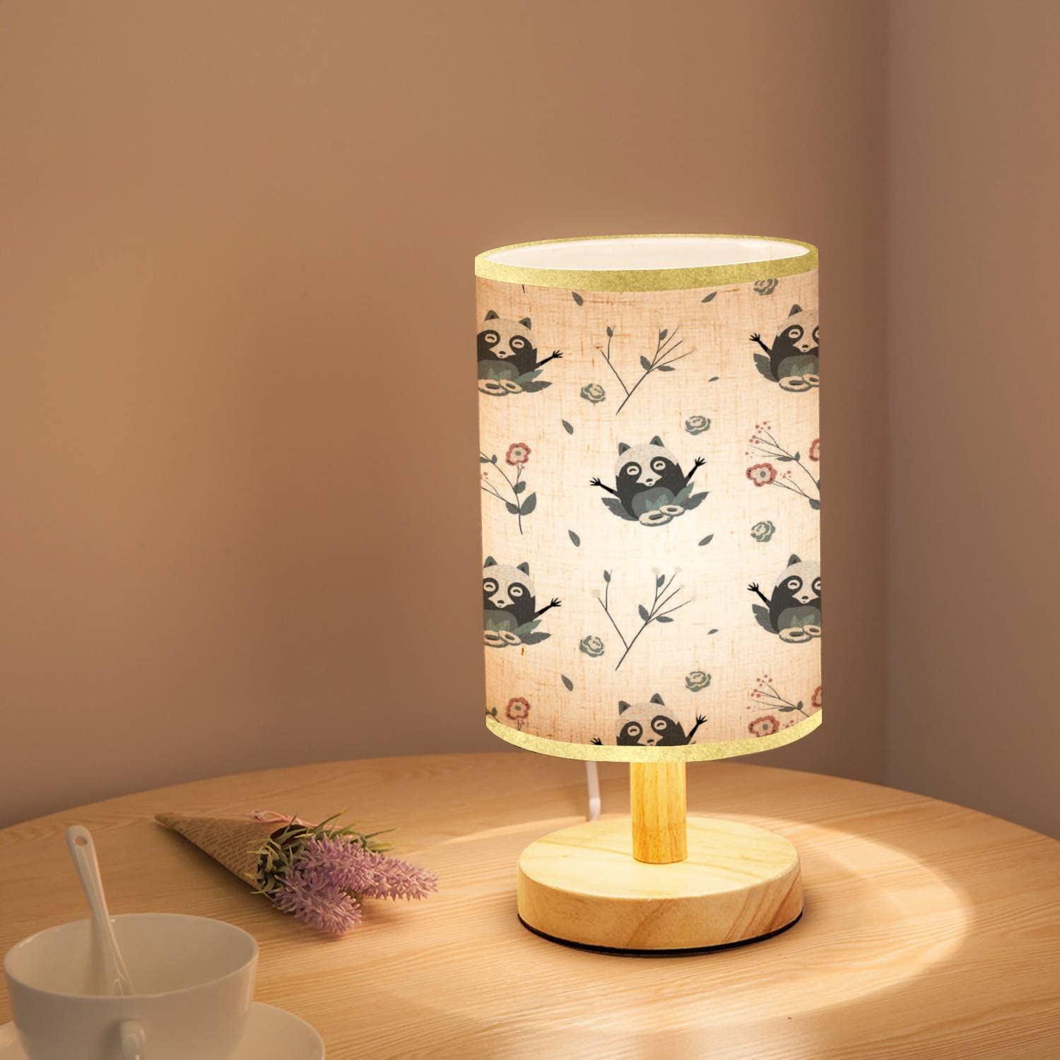 Minimalist Wooden Nightstand Lamp with Cute Raccoon Design - Natural Flaxen Fabric Shade for Bedroom, Living Room, Nursery - Perfect for Reading, Relaxing & Creating Cozy Atmosphere