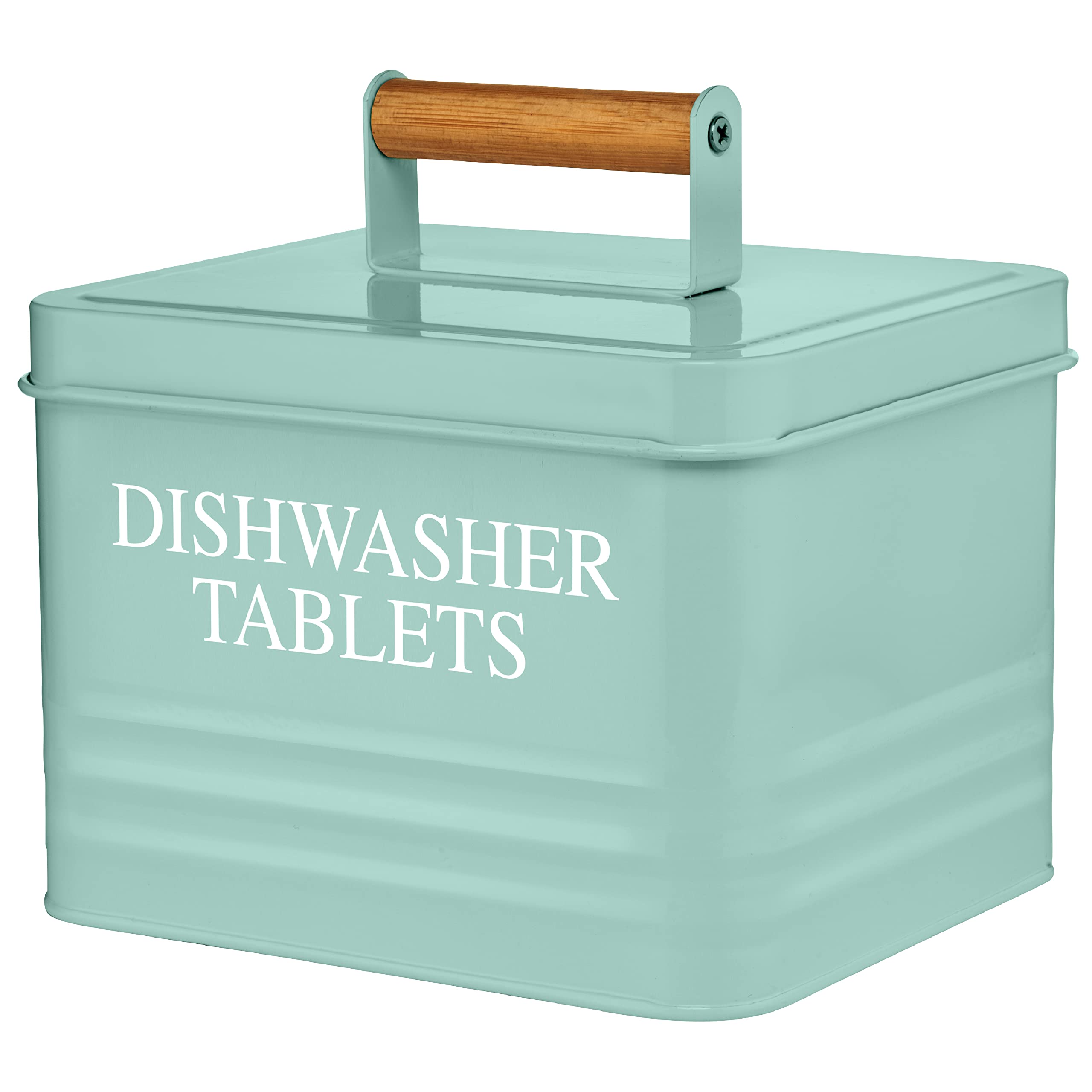 Modern Farmhouse Metal Dishwasher Pods Holder with Lid - Kitchen Organization & Storage Container - Mint Green Kitchen Decor Accessory - Perfect for Storing Dishwasher Tablets in Farmhouse, Cottage or Rustic Style Kitchens