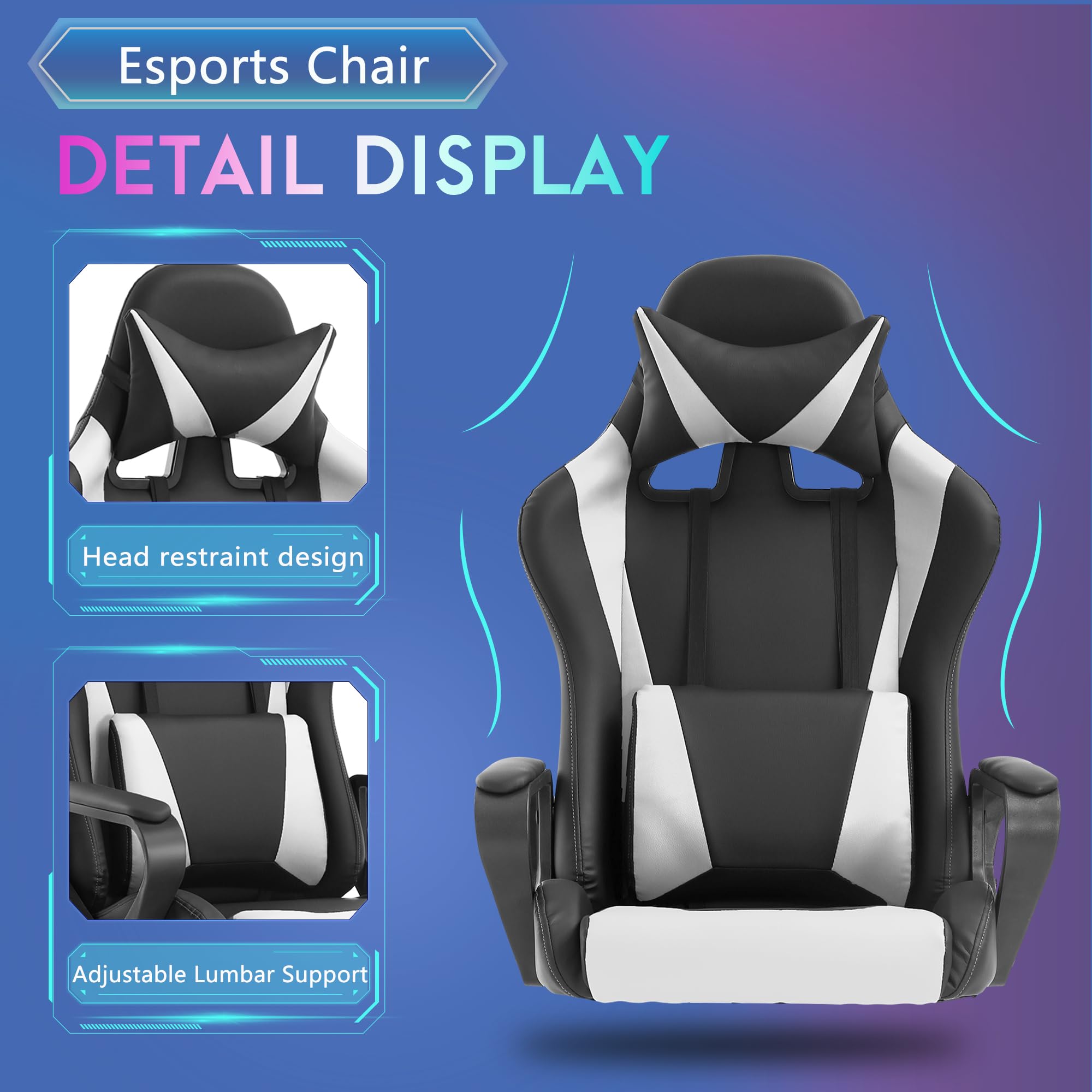 Ergonomic Gaming Chair - Racing Style Computer Desk Chair with Adjustable Armrests, 360° Swivel & Smooth Casters, PU Leather Executive Office Chair with Headrest & Lumbar Support for Back Pain Relief - Perfect for Home Office, Gaming Setup & Workstation (White)