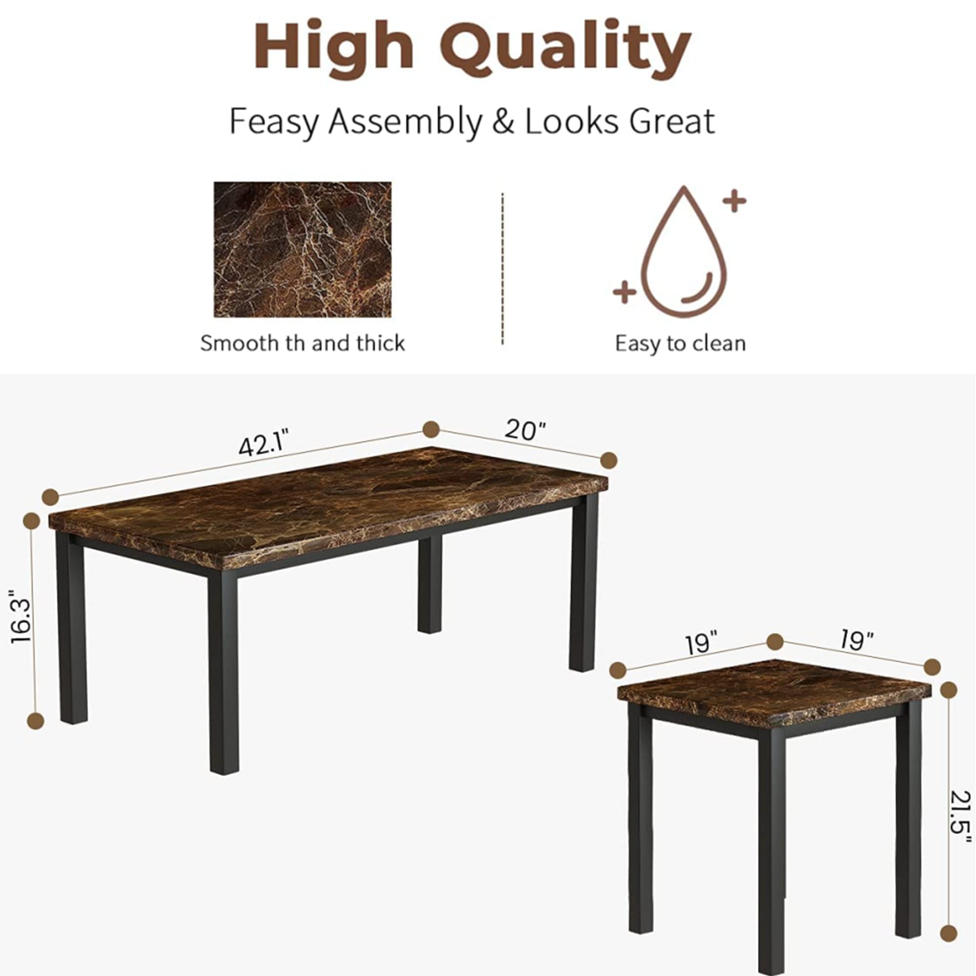 Hooseng 3-Piece Coffee Table Set with Faux Marble Tabletop & Black Metal Frame - Modern Sofa Side Tables for Living Room - Includes Coffee Table & 2 End Tables in Brown - Perfect for Home Decor, Small Space Furniture & Coffee Table Styling
