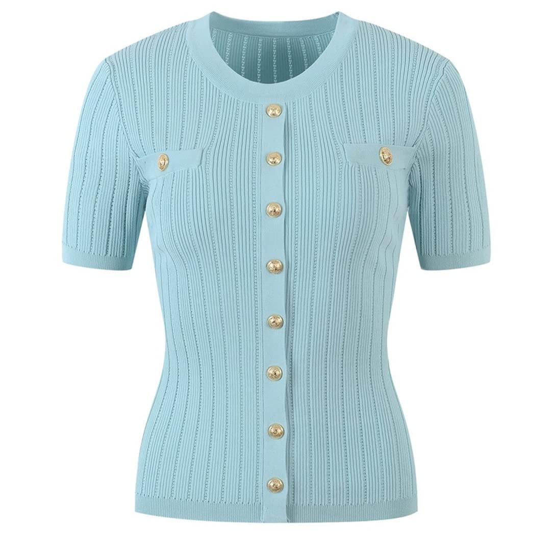 Korean Summer O-Neck Short Sleeve Casual Knitted Top Women's Elegant Slim Cardigan Sweater Sky Blue | Lightweight Summer Cover-Up for Beach, Office & Date Night Outfits