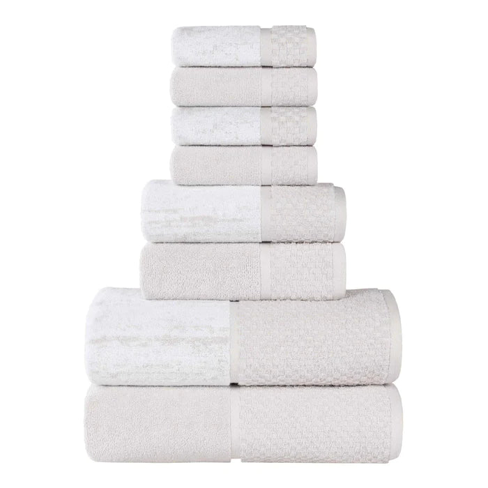 Premium 8-Piece Cotton Plush Jacquard Towel Set - Soft & Absorbent Solid & Two-Toned Bath Towels for Luxury Spa, Bathroom & Guest Use