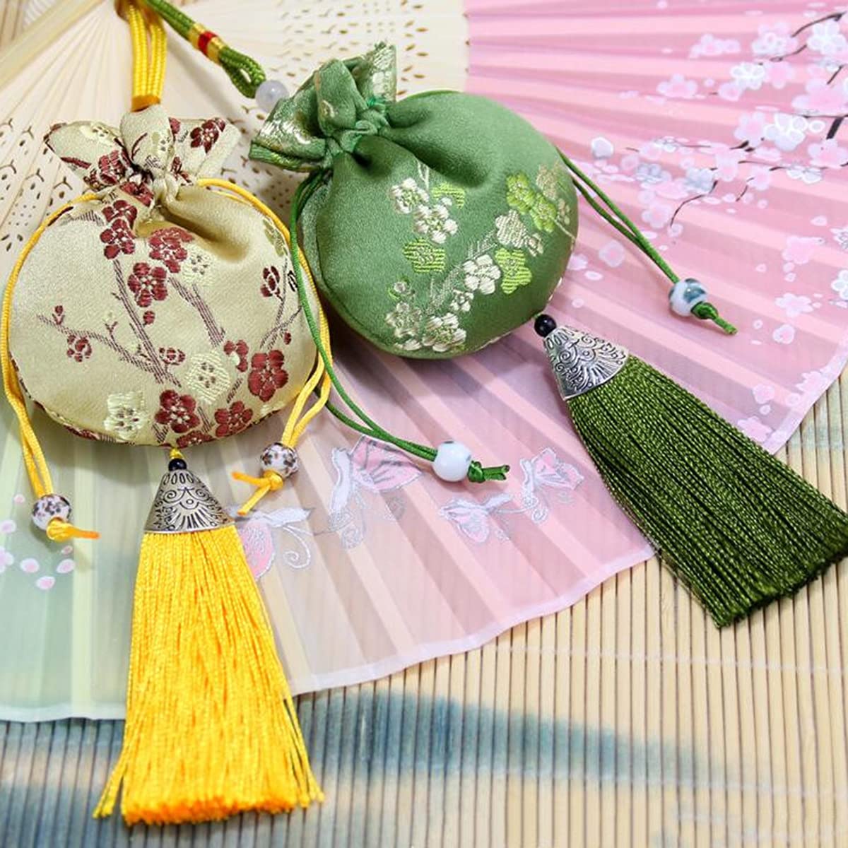 20 Pcs Silk Brocade Drawstring Sachet Bags with Tassels - Plum Blossom Pattern for Aromatherapy, Jewelry Storage, Home Decor & Gift Packaging | Portable Fragrance Pouch for Closet, Drawer & Travel