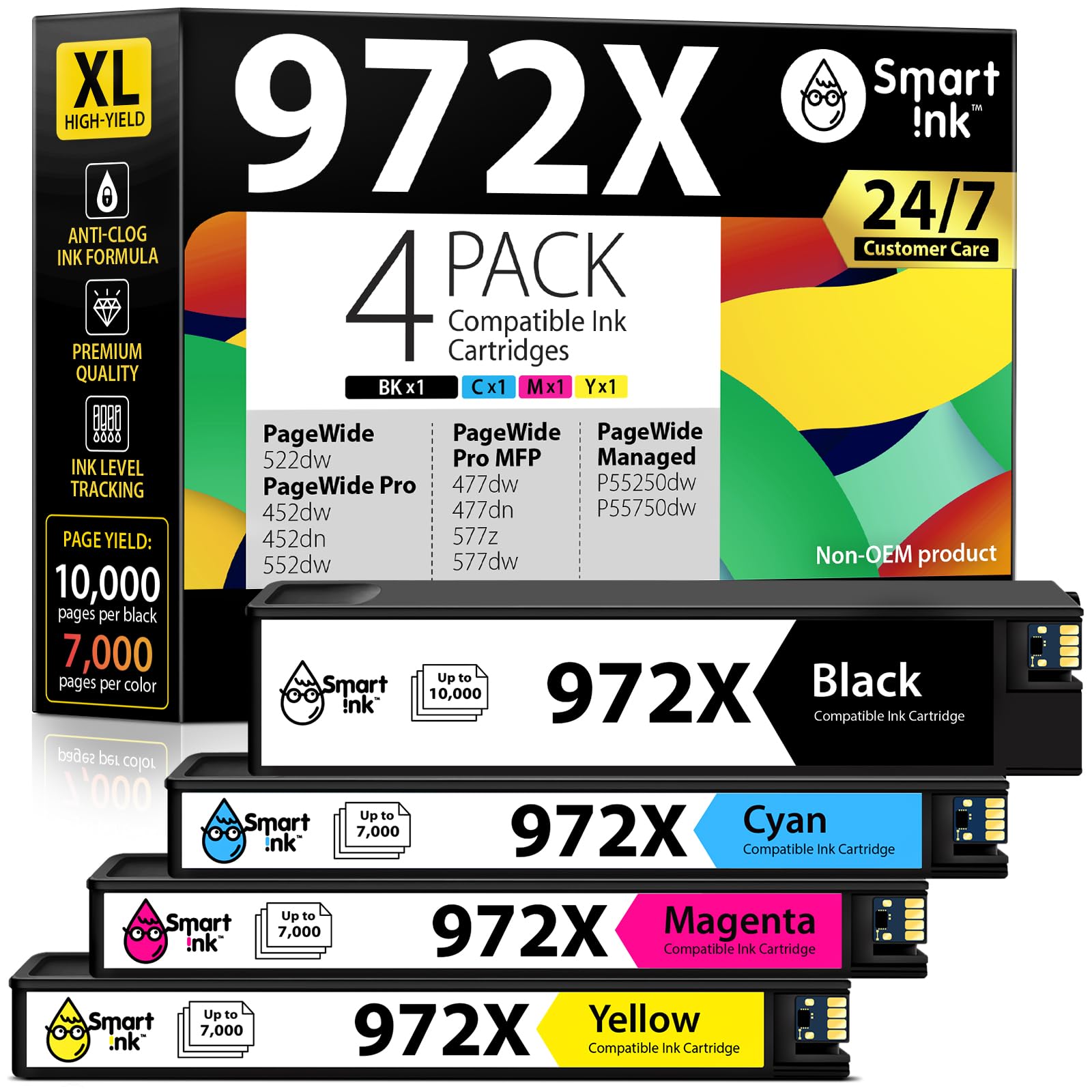 HP 972X 972X Compatible Ink Cartridge Replacement (4 Pack Combo) - Black, Cyan, Magenta, Yellow - Works with PageWide Pro 477dw 577dw 452dw 477dn 452dn 577z 552dw P55250dw Printers - Perfect for Office Printing, Document Scanning & High-Volume Color Printing