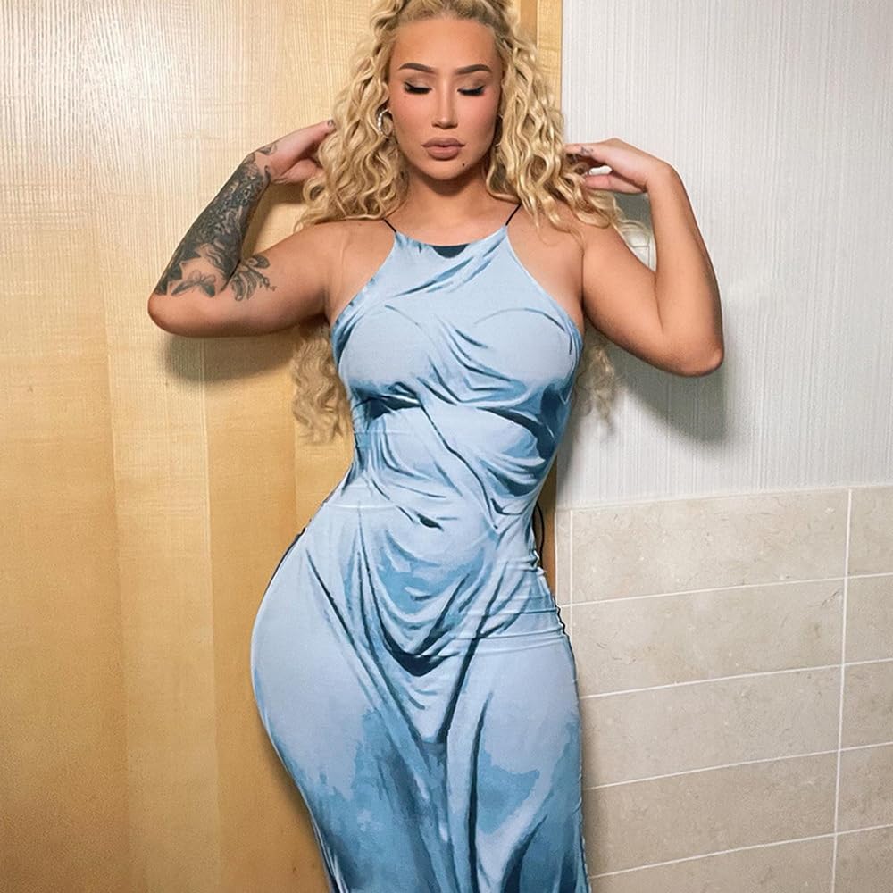 Sexy Women's 3D Print Bodycon Maxi Dress - Spaghetti Strap, Slim Fit, Backless Long Dress for Summer Beach Party, Club Night, Date Night & Vacation