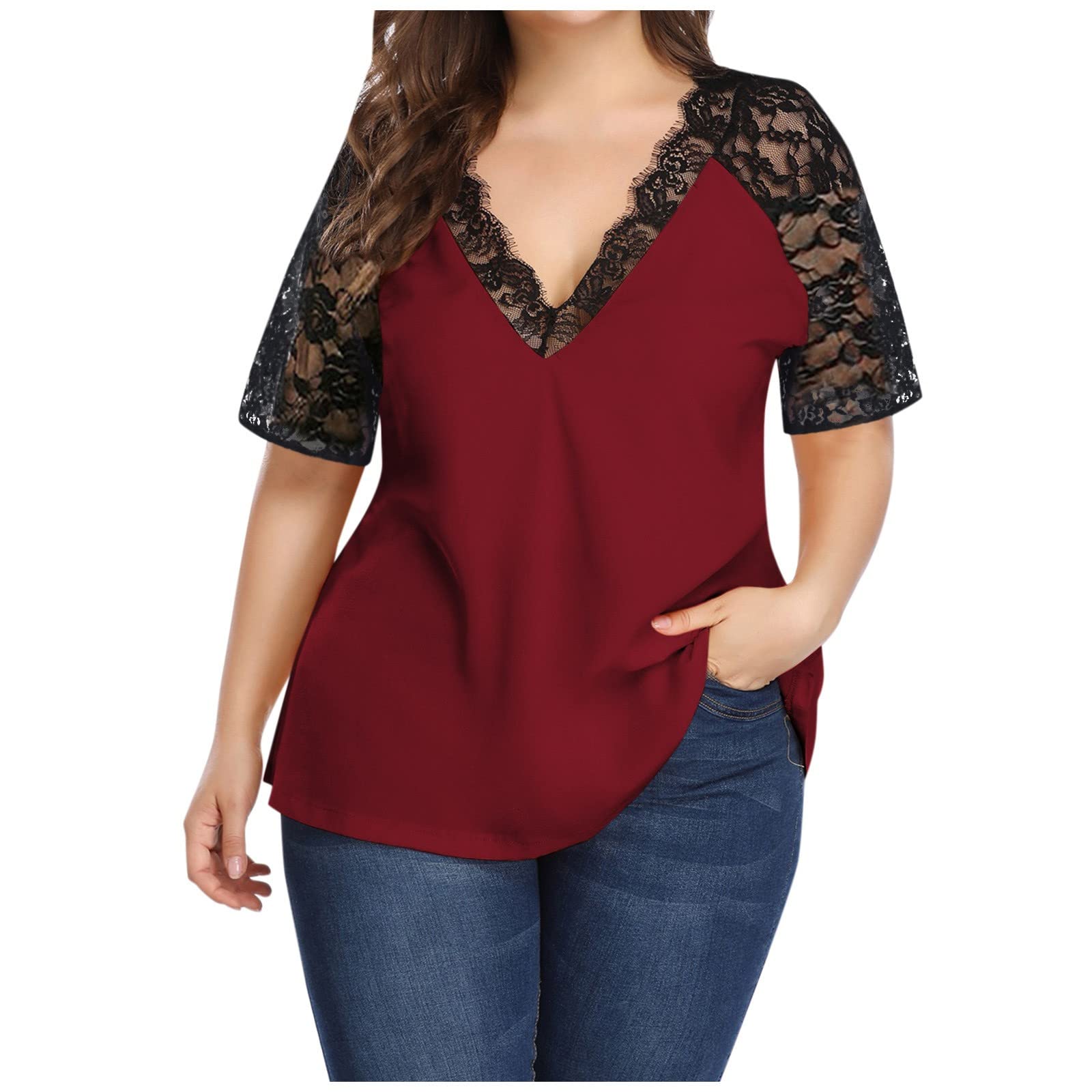 Sexy V-Neck Lace Short Sleeve T-Shirt for Women - Elegant Stitched Casual Top in Black | Plus Size Ladies Tee for Date Night & Evening Outfits