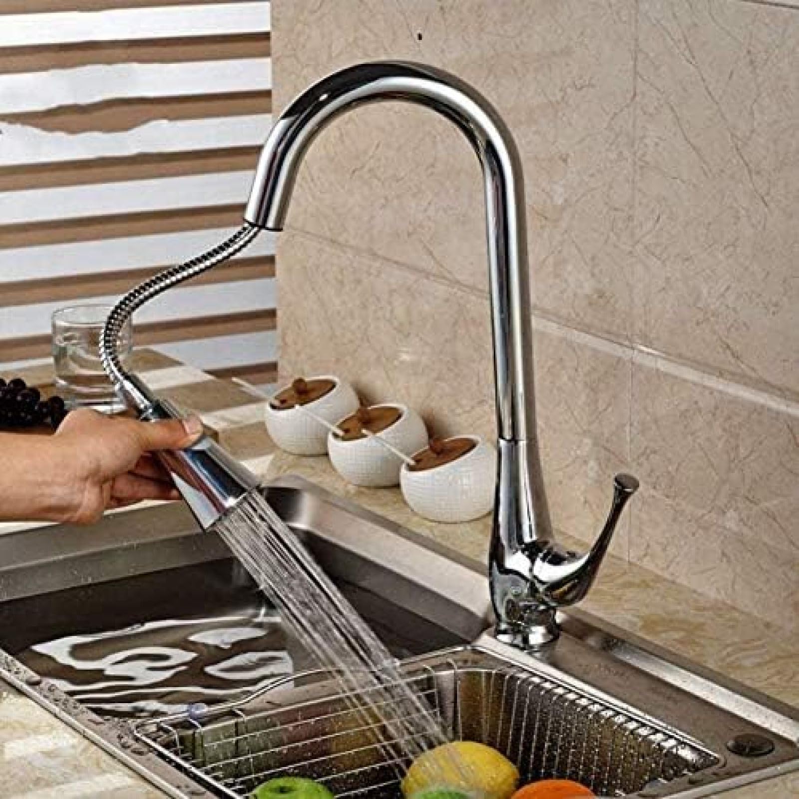 CRJUS Chrome Brass Single Hole Pull Out Kitchen Faucet with Dual Sprayer - Modern Deck Mount Mixer Tap for Sink, Perfect for Cooking & Dishwashing in Home Kitchens