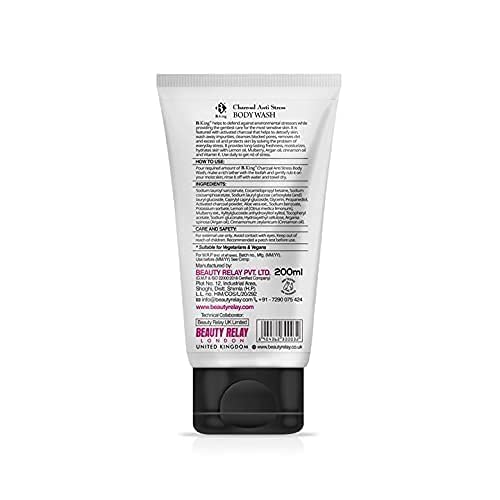 Beauty Relay London B King Charcoal Anti Stress Body Wash for Men - Activated Charcoal Deep Cleansing Body Wash with Cinnamon Oil, Aloe Vera, Argan Oil, Mulberry, Vitamin E & Lemon Oil | Skin Detox & Anti-Pollution | 200ml (Buy 1 Get 1 Free) | Perfect for Gym, Travel & Daily Shower Routine