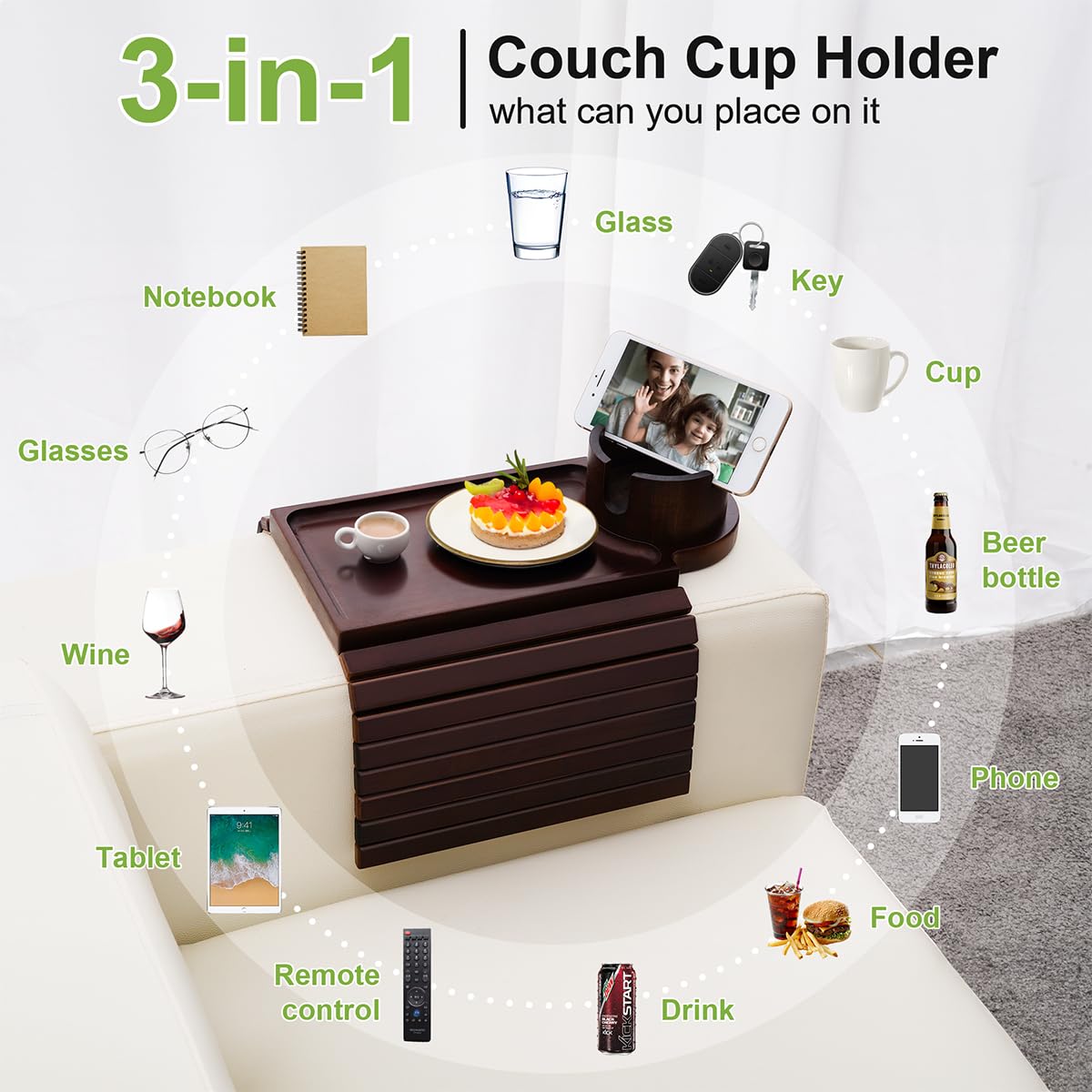 360° Rotating Foldable Couch Cup Holder Tray - 3-in-1 Sofa Arm Table with Phone Holder, Drink & Snack Tray for Living Room, Bedroom, Office - Perfect for Holding Coffee, Books, Remote Control While Relaxing