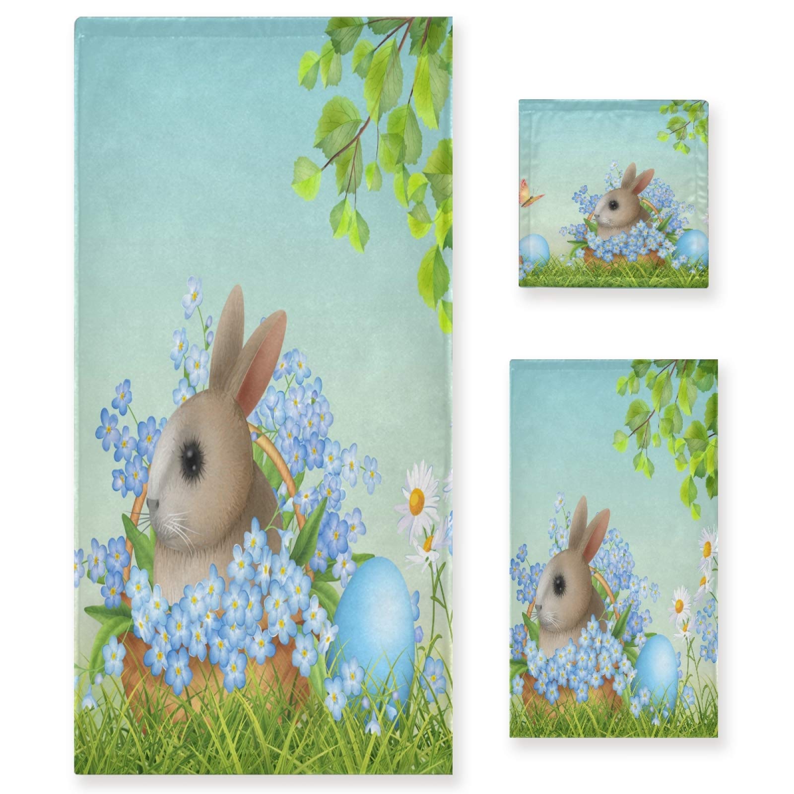 Easter Bunny Brown Rabbit White Daisies 3-Piece Bath Towel Set - 1 Bath Towel, 1 Hand Towel, 1 Washcloth | Soft, Luxury & Absorbent Decorative Towels for Bathroom, Beach, Gym & Spa | Easter Home Decor & Spring Gift Idea