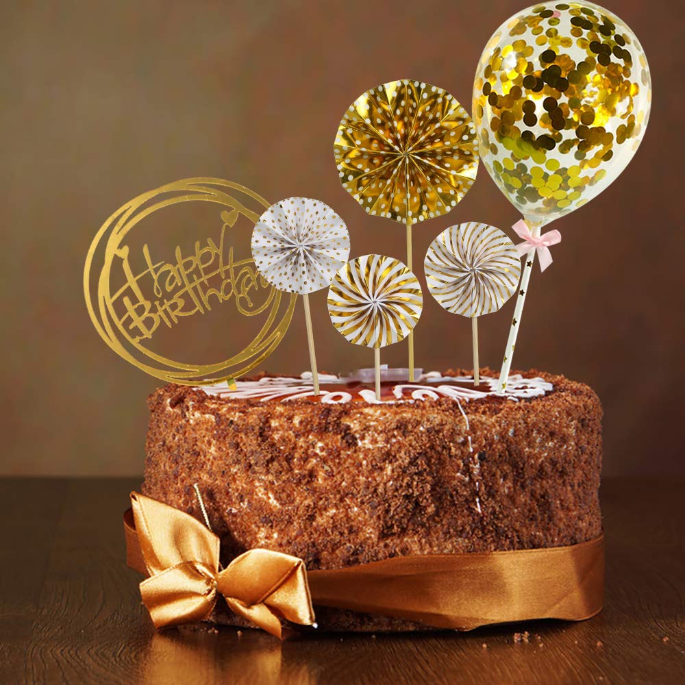 DIYASY Gold Happy Birthday Cake Topper Kit - 6PCS Acrylic Cake Decorations with Confetti, Balloons & Paper Fans | Perfect for Birthday Party Decor, Wedding Cakes & Celebration Desserts