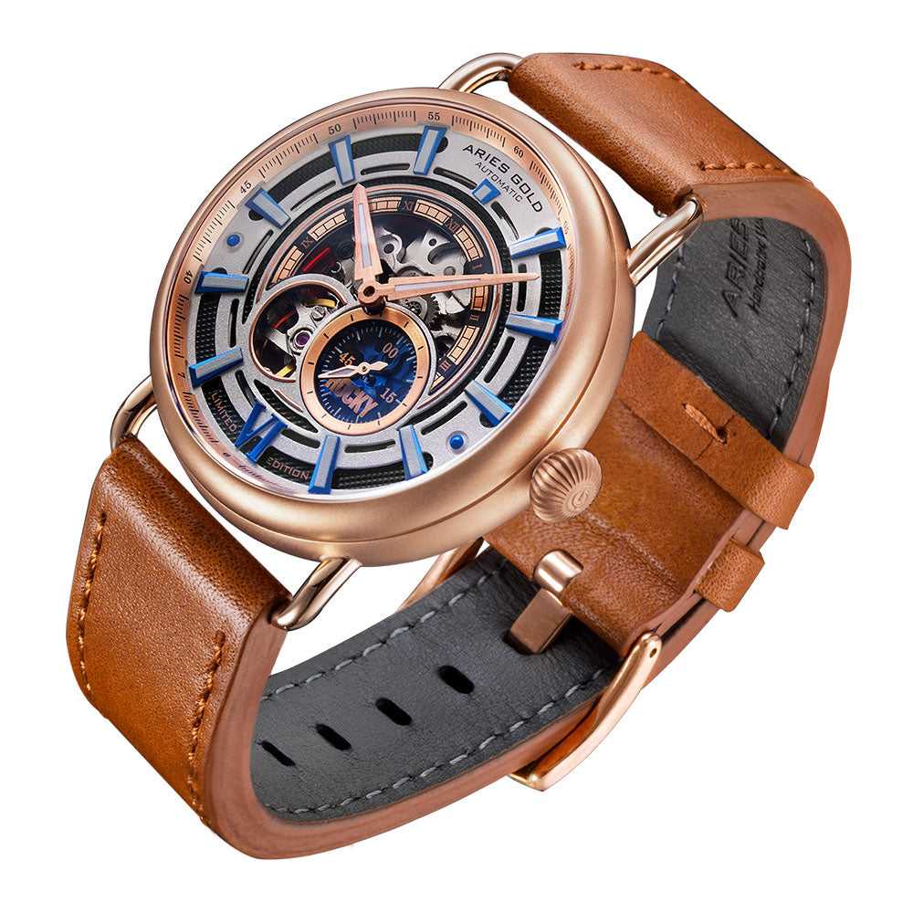 **Aries Gold Automatic Rocky Limited Edition Invincible Rose Gold Stainless Steel Watch G 9013 RG with Leather Strap for Men – Perfect for Formal Events & Luxury Gifts**