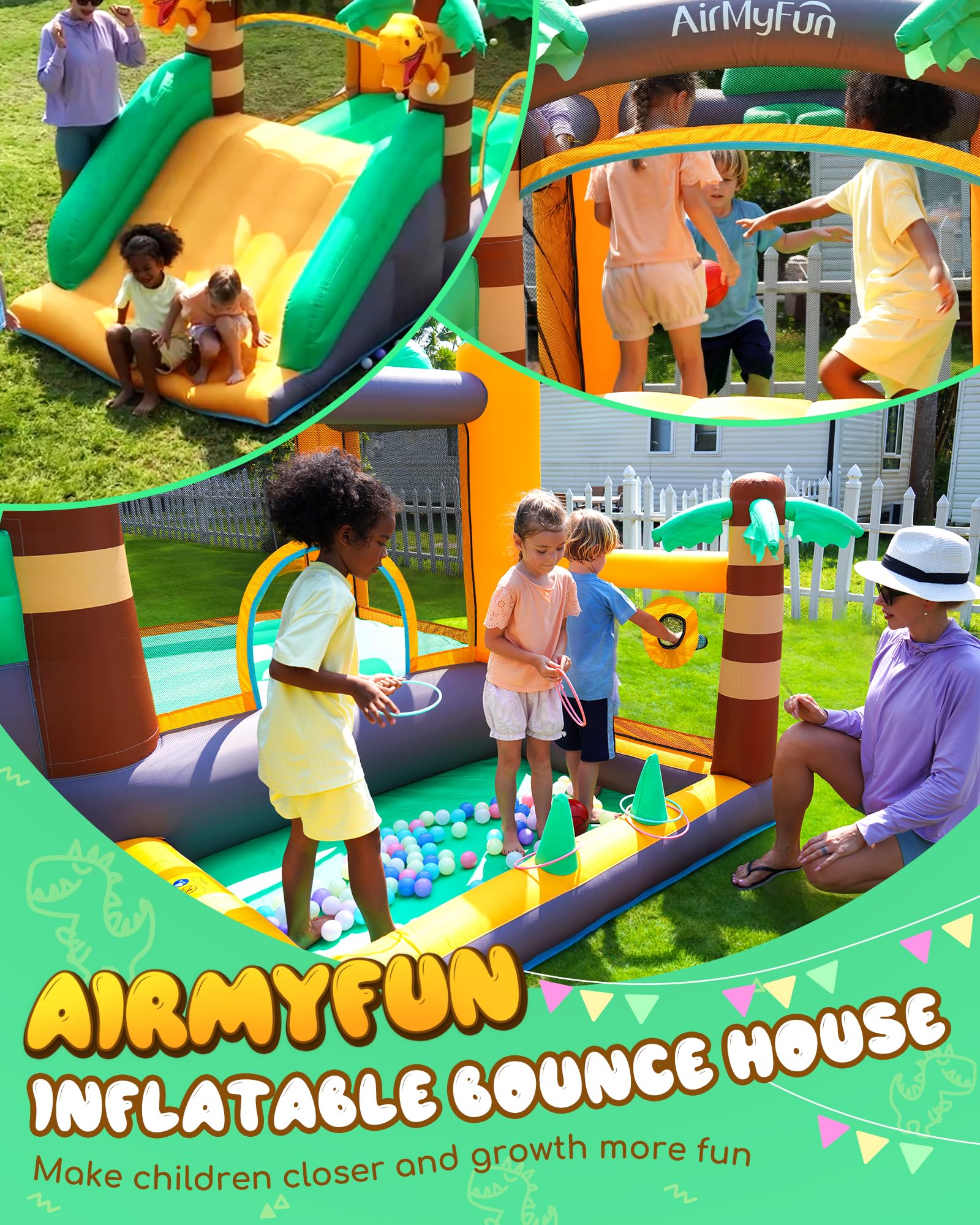 Inflatable Dinosaur Bounce House with Slide for Kids 3-8 Years - Large Indoor/Outdoor Jumping Castle with Blower - Perfect for Birthday Parties, Backyard Play & Toddler Activities