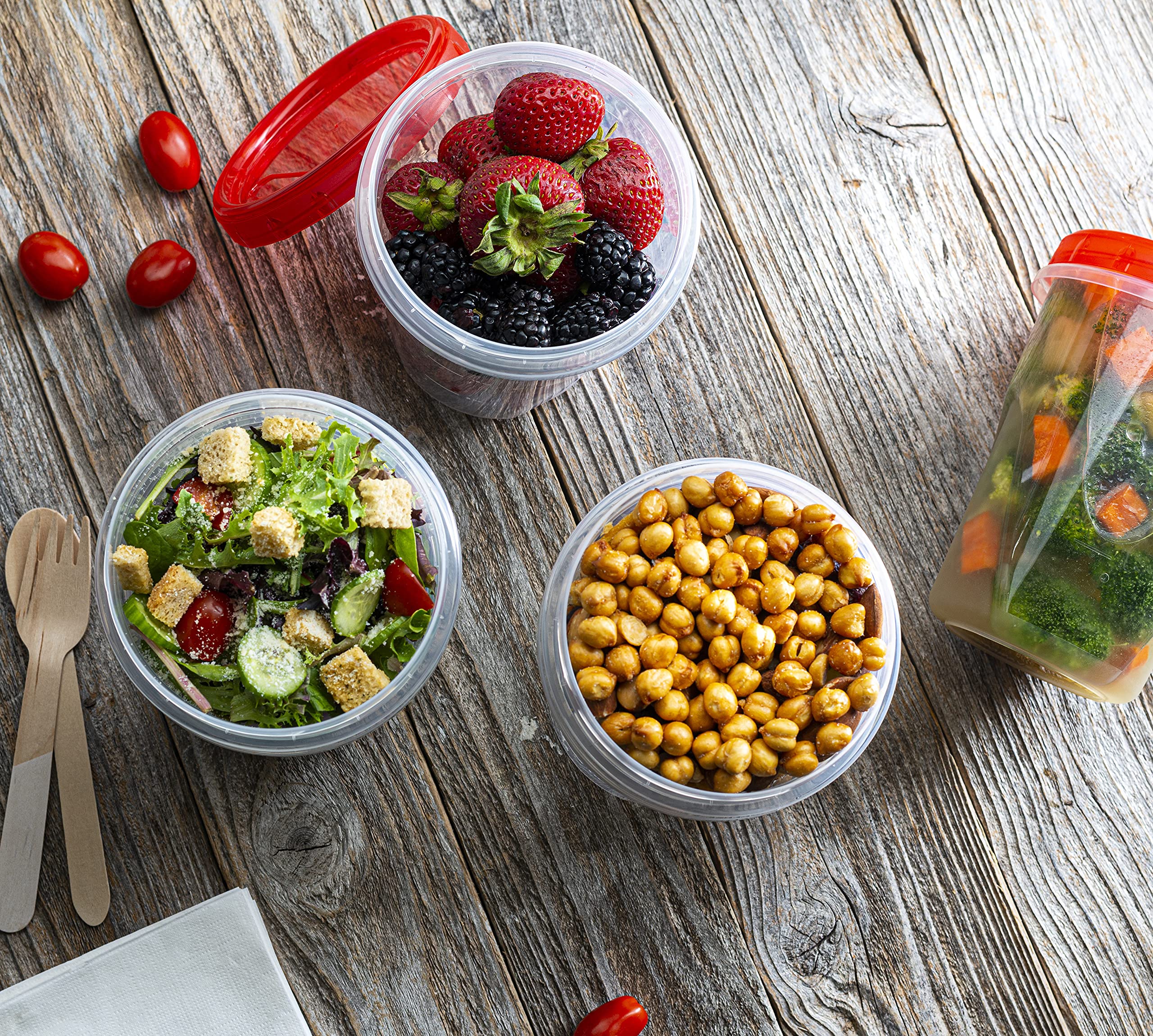 32oz (10 Pack) Clear Plastic Food Storage Containers with Red Twist-On Lids - Airtight Freezer Safe Containers for Meal Prep, Leftovers & Bulk Food Storage