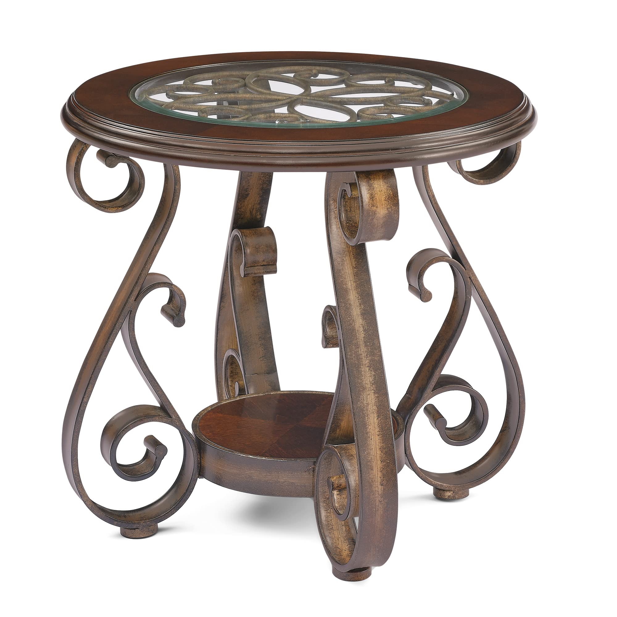 Yoluckea Vintage Round End Table with Tempered Glass Top & Scrollwork Metal Legs - Elegant Accent Sofa Side Table, Nightstand & Bedside Table in Brown | Perfect for Living Room, Bedroom & Office Decor