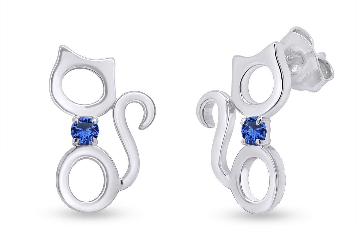 14K Gold Over Sterling Silver Round Cut Simulated Birthstone Kitty Cat Stud Earrings for Women - Perfect for Gifts, Birthdays & Everyday Wear