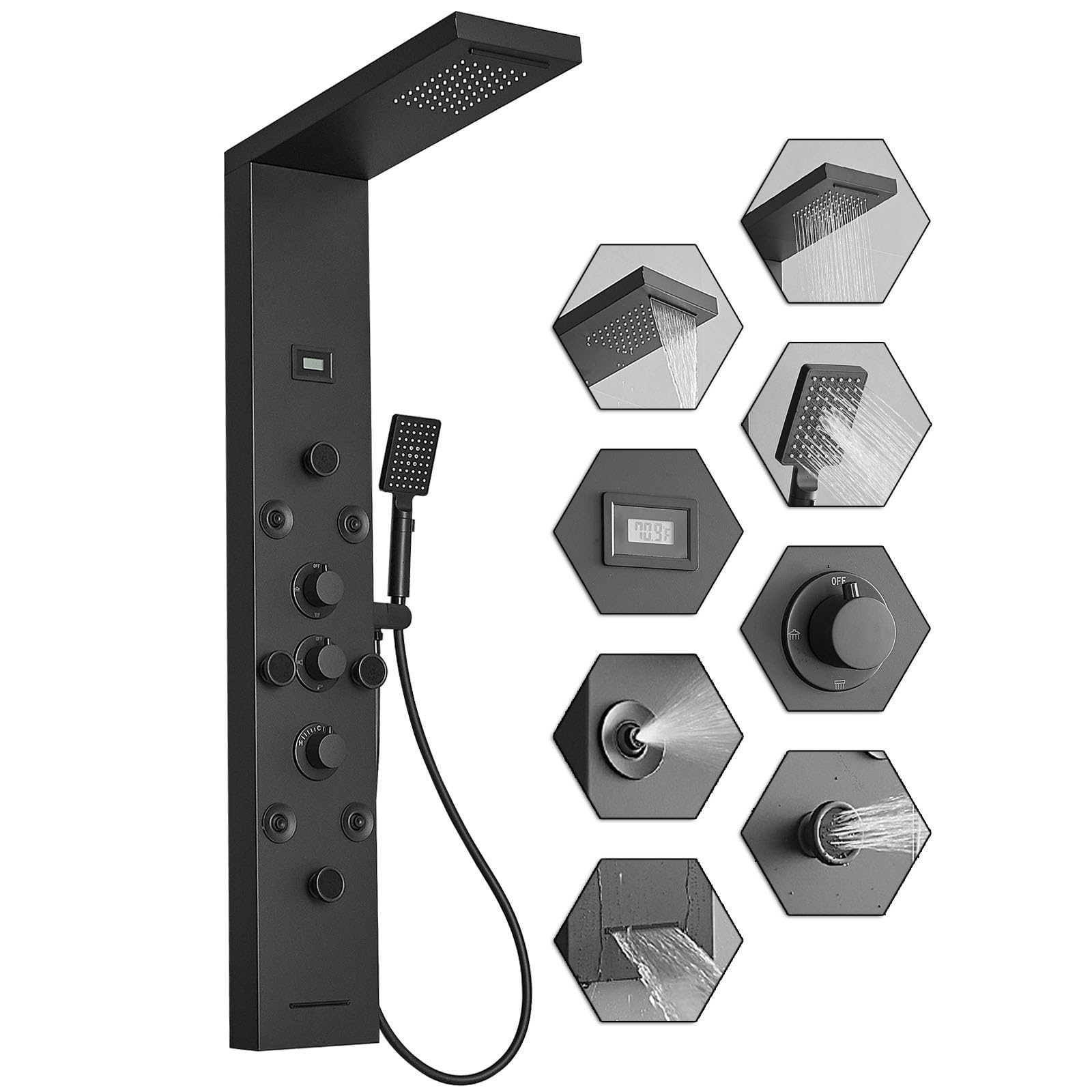 6-in-1 Matte Black Shower Tower Panel System with Rainfall Shower Head, Body Spray Jets, Waterfall & Temperature Display - Perfect for Spa-Like Bathroom Experience & Luxury Home Renovation