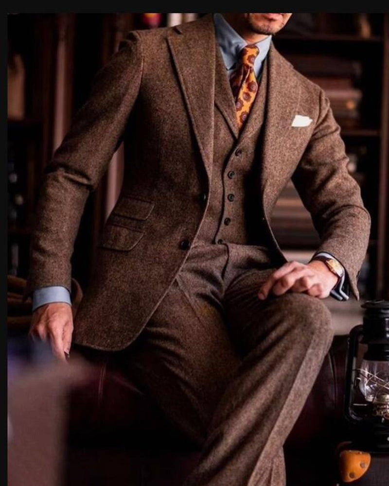 Vintage Brown Tweed Wool Slim Fit 3-Piece Men's Wedding Suit - Winter Formal Attire for Grooms, Business Events & Special Occasions | CB75969