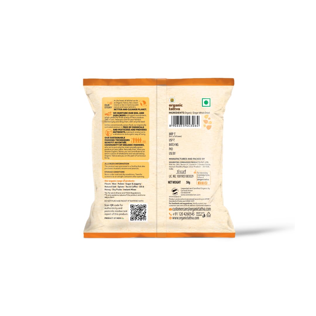 Organic Tattva Premium Organic Dry Ginger Powder - 50g | 100% Vegan, Gluten-Free, USDA Certified | Perfect for Baking, Tea, Smoothies & Ayurvedic Remedies