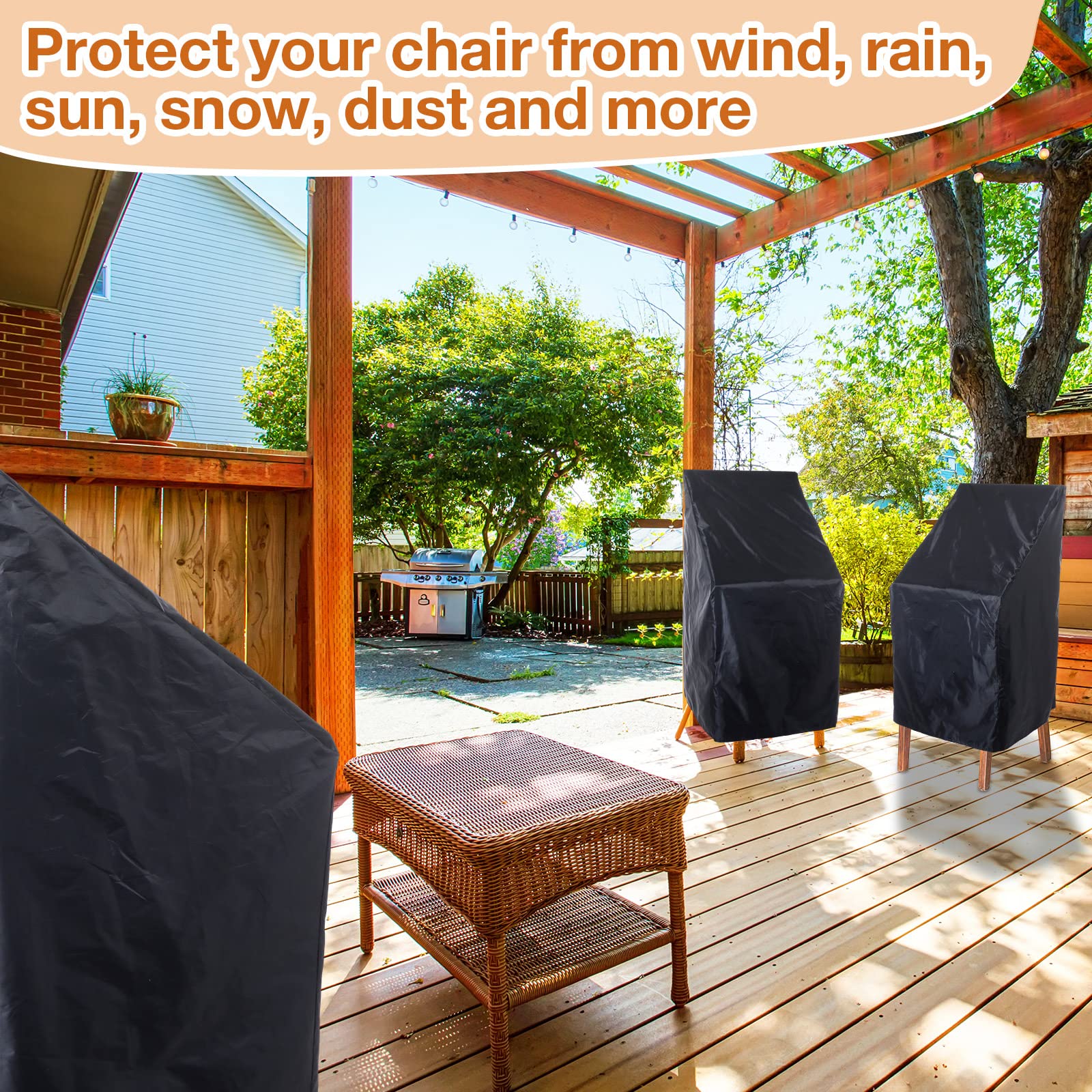 Woanger 8-Pack Black Waterproof Outdoor Chair Covers - 210D Oxford Fabric High Back Patio Furniture Protectors (25x25x47 Inch) with Storage Bag - Perfect for Stacking Chairs, Garden, Deck & Poolside Use